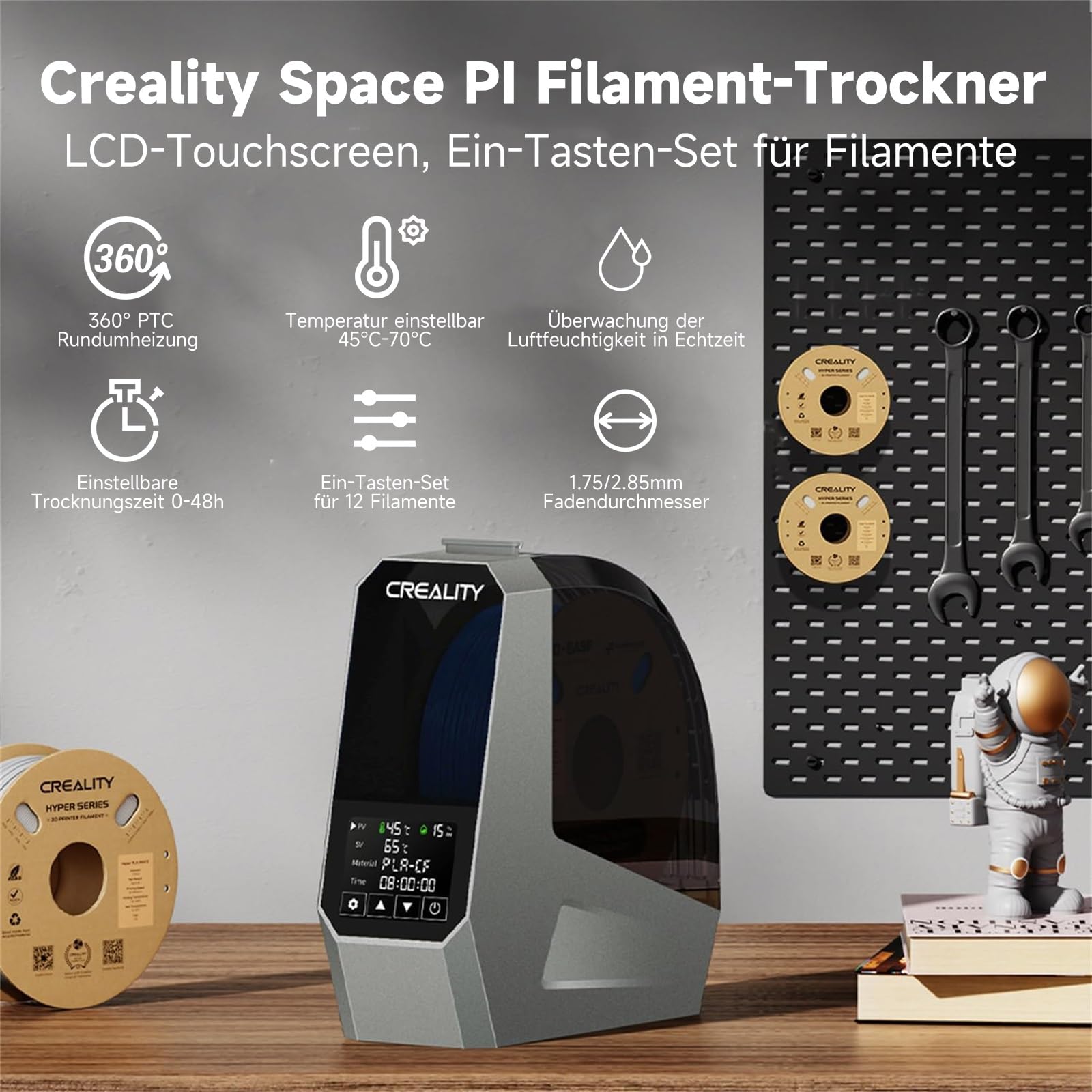 Creality Offizieller Space PI Filament Trockner, 3D Drucker Filament Dryer Box mit 360° Heizung, Upgraded Filament Dehydrator Storage Box, Filament Trockenbox Support PLA ABS PETG TPU 1.75/2.85mm