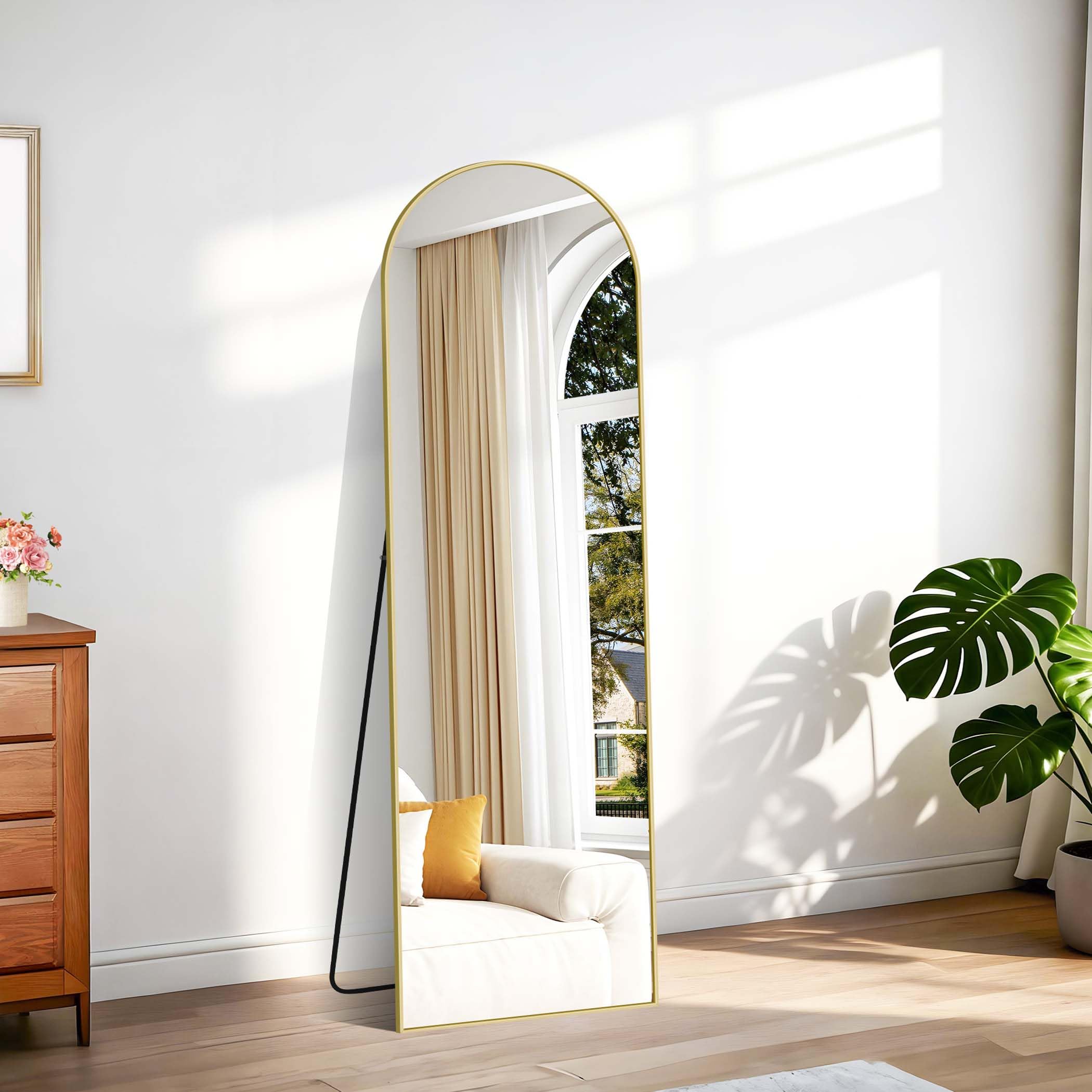 Miroir Arqué Pleine Longueur 150 x 40 cm, Pied Penché ou Suspendu, Cadre Métal Doré, Anti-déflagrante, Pour Salon Chambre