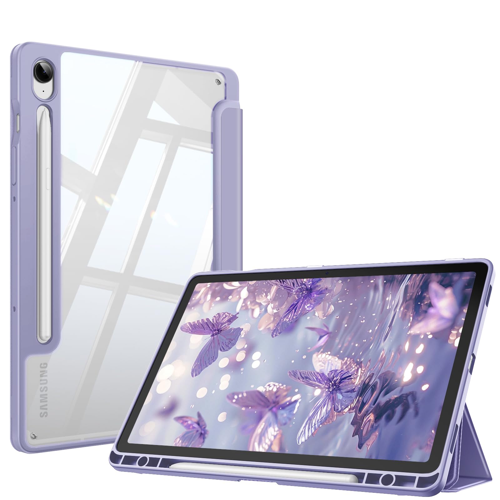 Fintie Hybrid Slim Case for Samsung Galaxy Tab S10 Lite/ S10 FE/ S9 FE 10.9 Inch/Tab S9 11 Inch with S Pen Holder, Shockproof Cover with Clear Transparent Back Shell, Auto Wake/Sleep, Lilac Purple