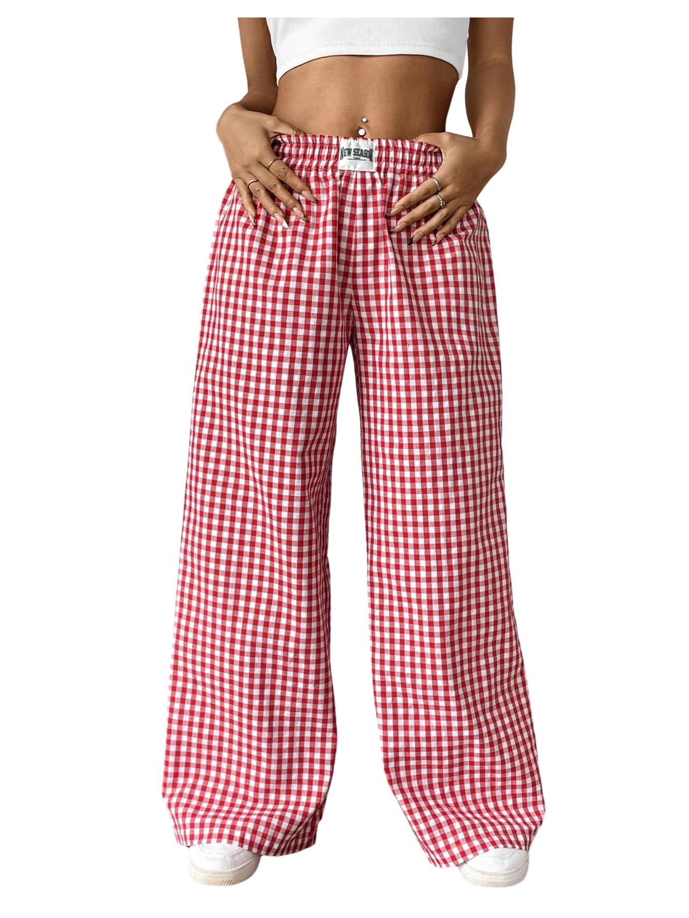 SweatyRocks Womens Plus Size Elastic High Waist Gingham Plaid Lounge Pants Casual Long Trousers