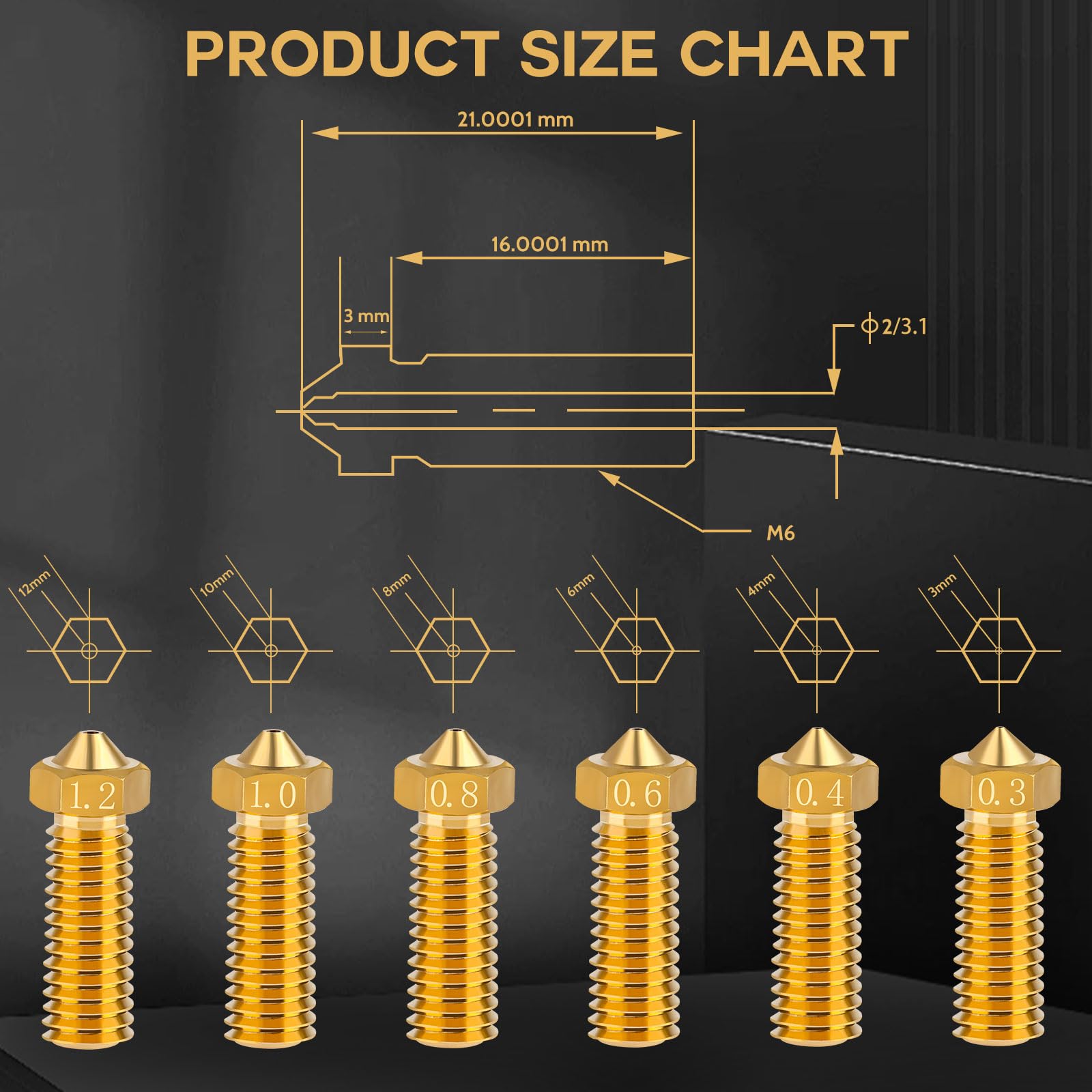 18 sztuk mosiężnych dysz do wytłaczarki, głowica drukująca 0,3-1,2 mm, dysza do drukarki 3D, gwint M6, mosiężna dysza do drukarki 3D, do Anycubic Kobra 2 Pro, Kobra 2 Plus, Kobra 2 Max, 6 rozmiarów