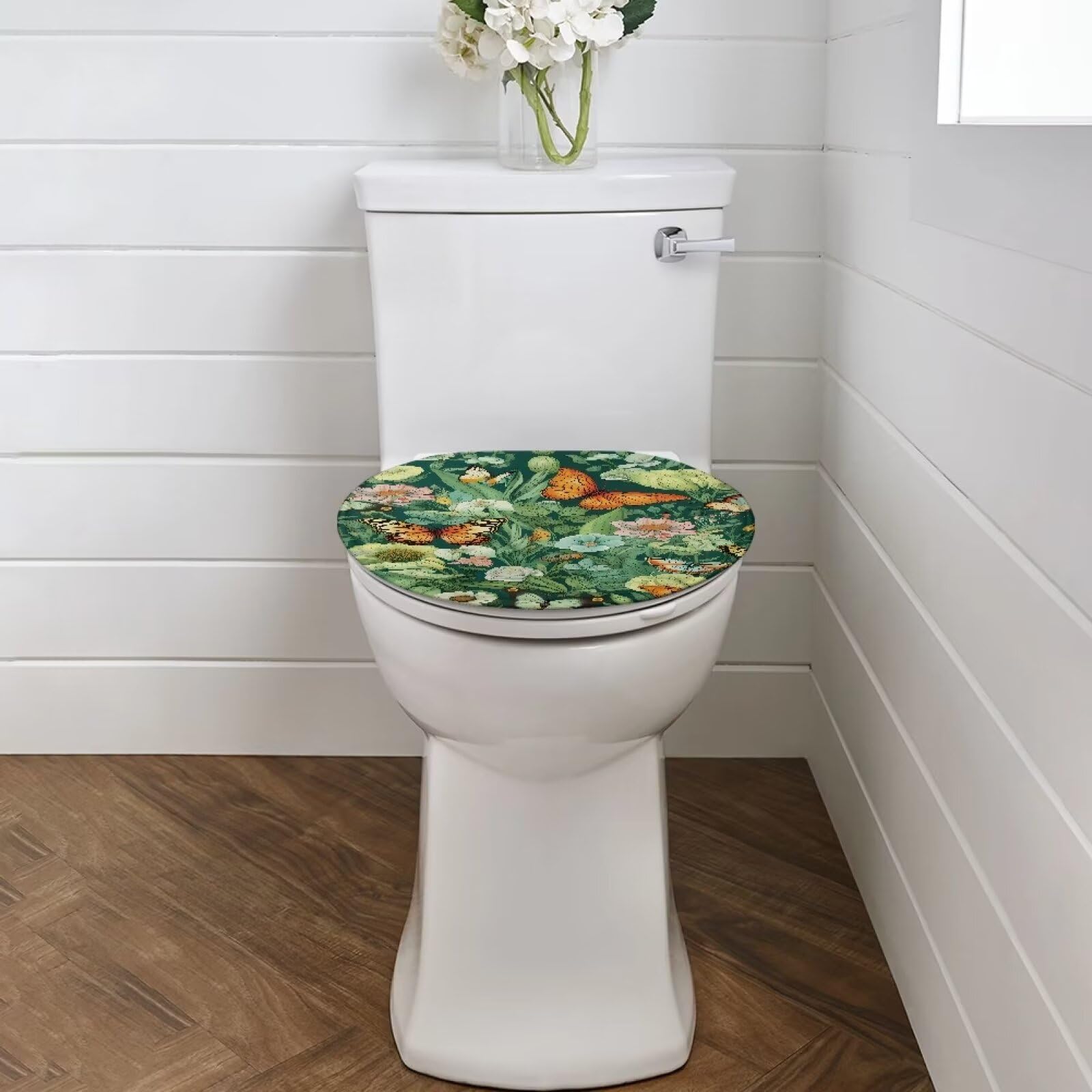 Viewamoon Bathroom Toilet Seat Cover Green Toilet Lid Flowercover Washable Oval Round Elongated Toilet Lid Covers for Women Men Portable Vintage Decor