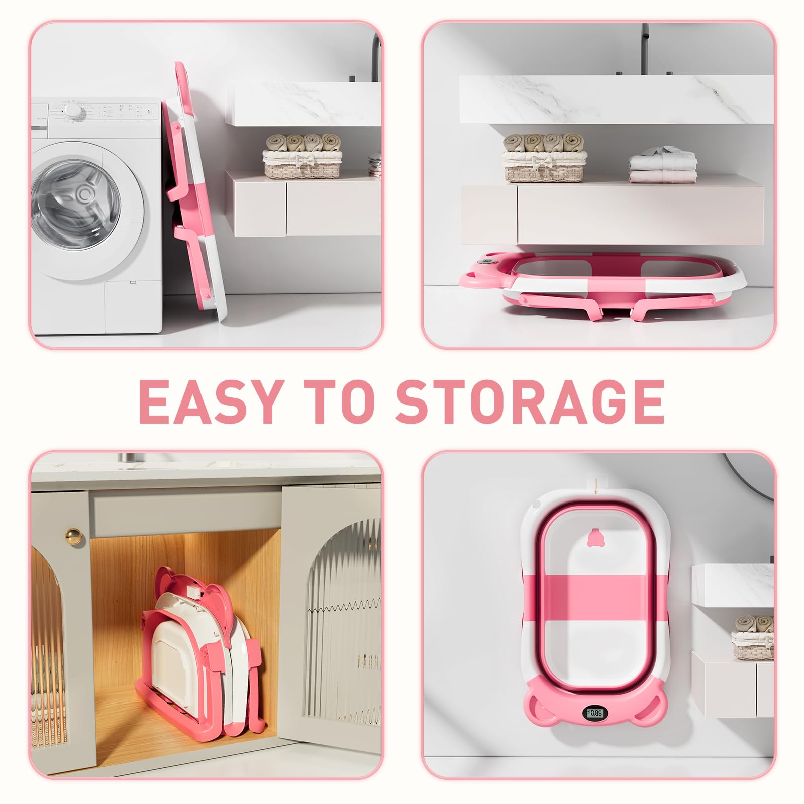 Itslife Vasca da Bagno per Bambini, Vasca da Bagno da Viaggio Portatile, Vasca Bagnetto Neonato Pieghevole con Cuscino di Supporto, Adatta per Neonati da 0 a 36 Mesi Rosa