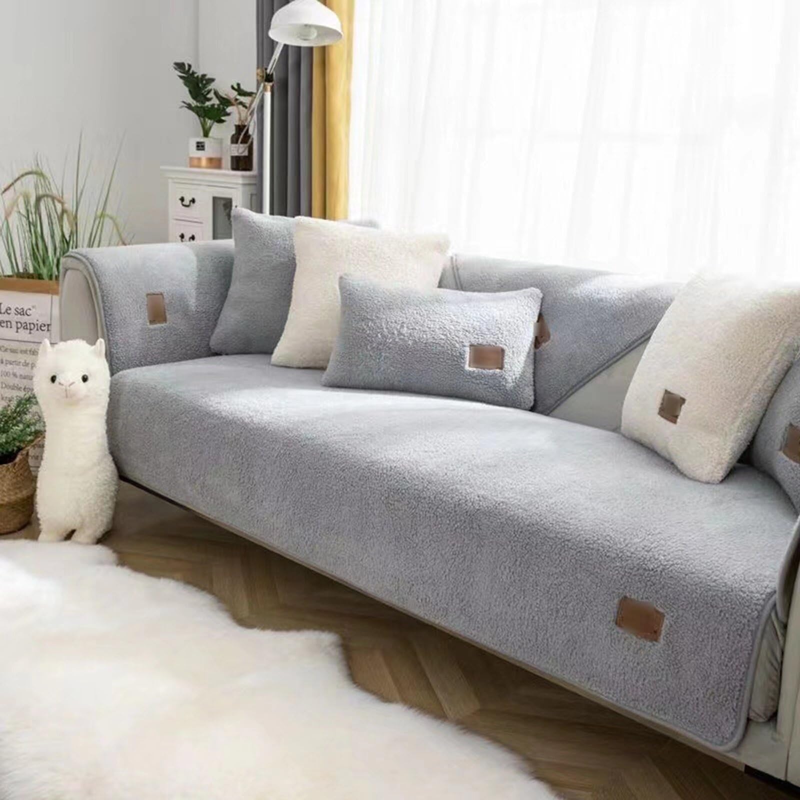Gluhbirnen Sherpa Fleece Sofa Couch Cover, Fuzzy Couch Cover, Universal Non Slip L Shape Couch Cushion Cover, Washable Sofa Protector, Light Gray, 70 * 90CM