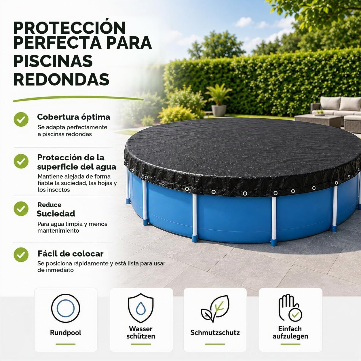 Cubierta de piscina redonda – Lona extra fuerte de 200 g/m² – Cubierta solar resistente a los rayos UV para verano e invierno – Lona de piscina resistente en color negro (366 – 400 cm (Ø 460 cm)