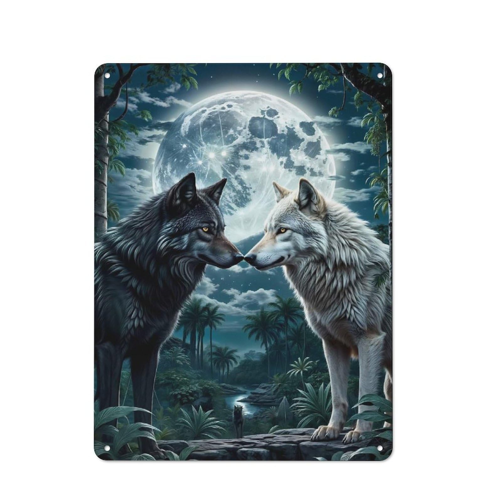 For Café Or Restaurant, Two Wolf in Forest Moon Rustic Metal Plaque 40x30cm, for Hospitality Interior Collectors Refreshing A Room in Autumn