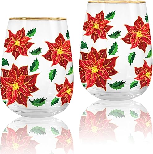 Whaline 2 copas de vino sin tallo de Navidad con borde dorado de 17 onzas, vasos de flor de pascua roja, vasos de flores de Navidad para suministros