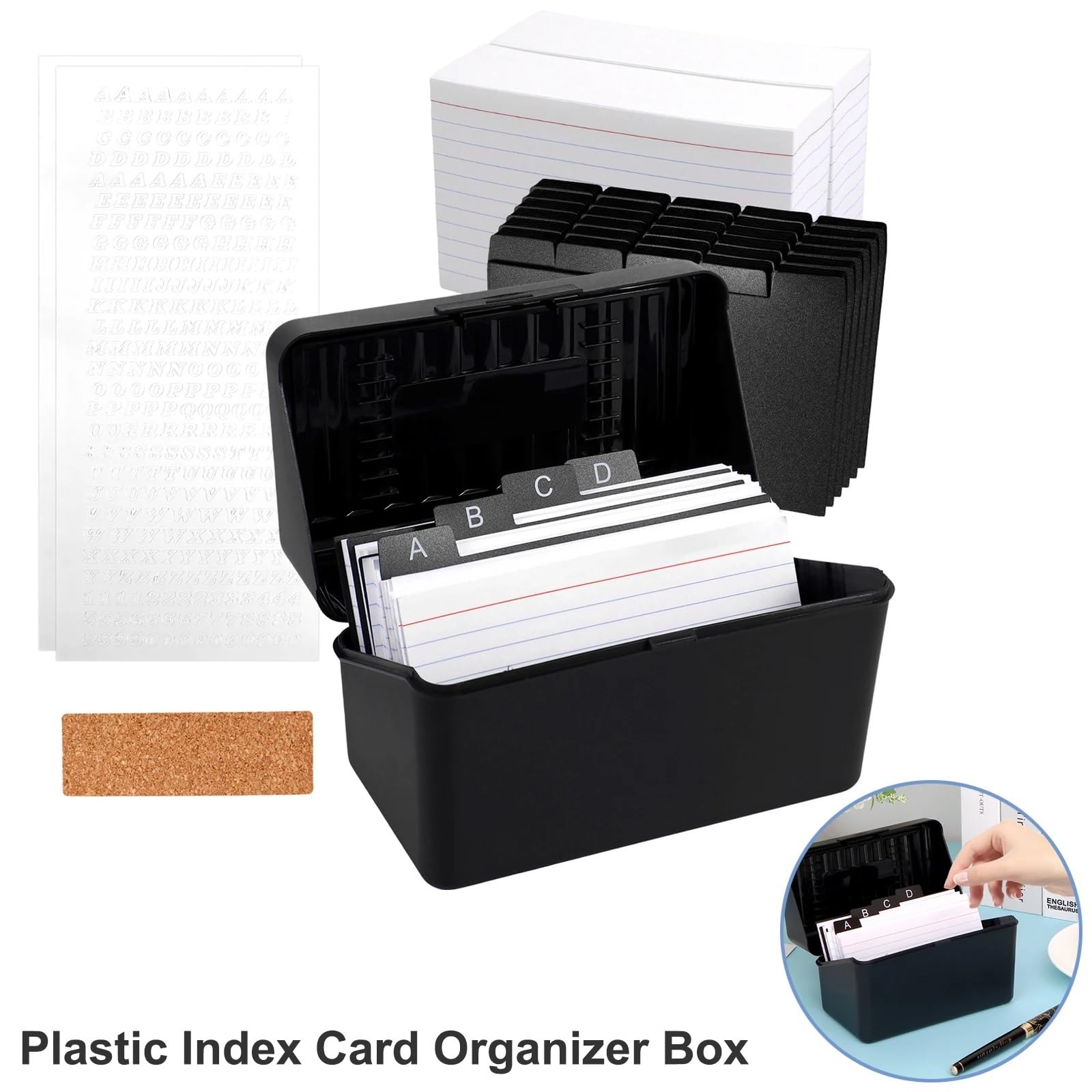 Juego de soporte para notas adhesivas, organizador de tarjetas de índice de 3 x 5 pulgadas, caja de plástico con 30 divisores, 200 notas adhesivas para oficina en casa