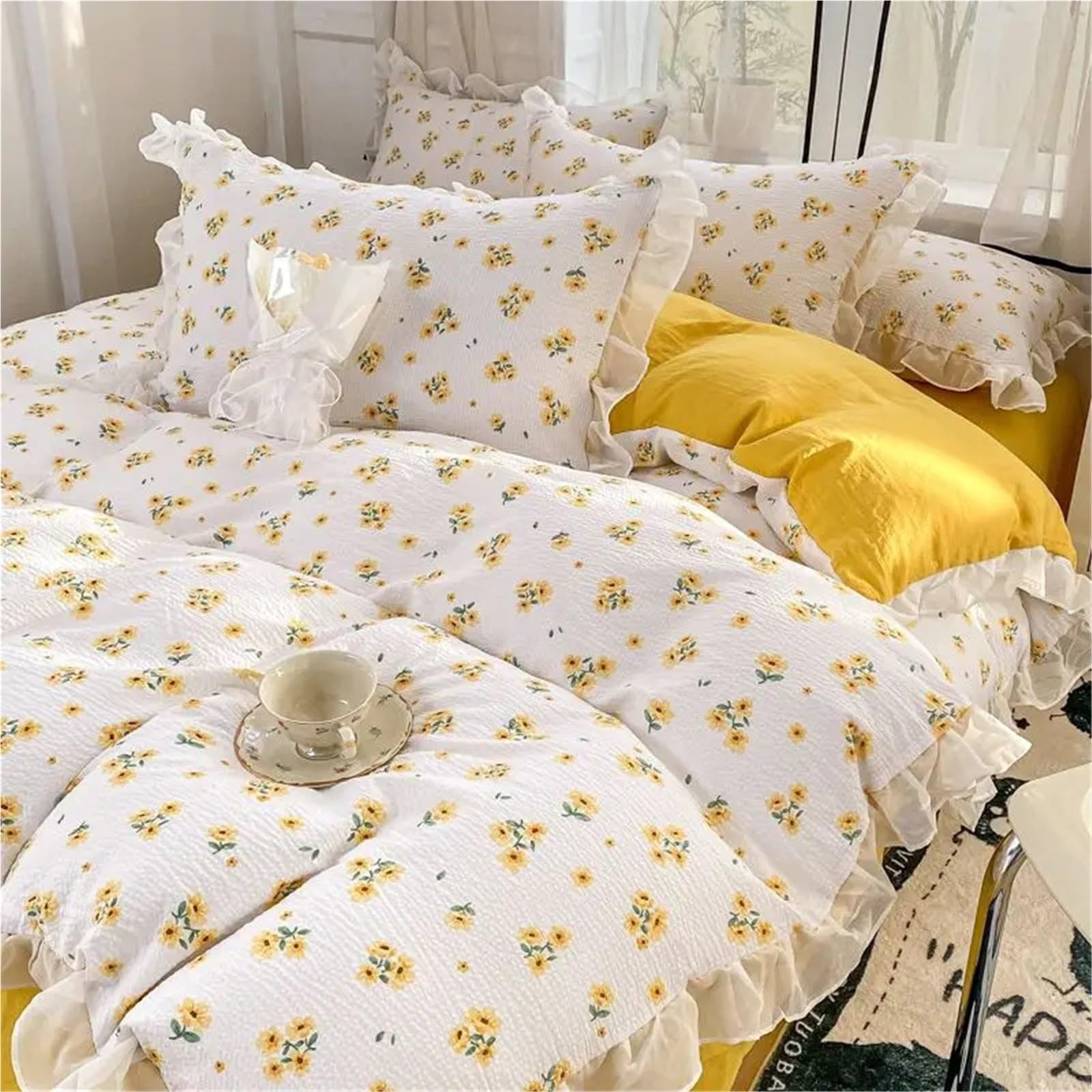 Textile maison drap plat et taie d'oreiller motif floral lit 150x200