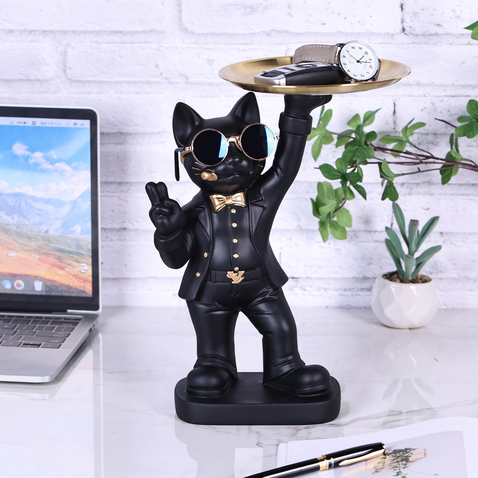 30 cm di altezza divertente scultura decorativa gatto nero con contenitore per caramelle - adorabile statua di gatto con vassoio portaoggetti per soggiorno, vassoio portachiavi per ingresso