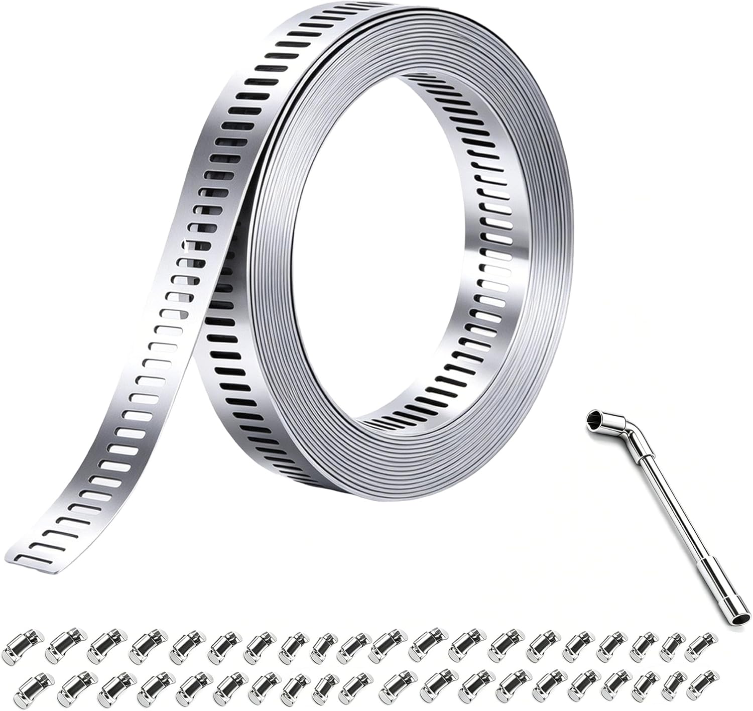 Large Hose Clamps 304 Stainless Steel Assortment Kit, Cut-To-Fit 150ft Metal Strap 60 Fasteners L Socket Wrench, Worm Gear Hose Duct Clamp, Band Screw Clamps For Auto,Hvac,Duct,Pipe,Fuel Line