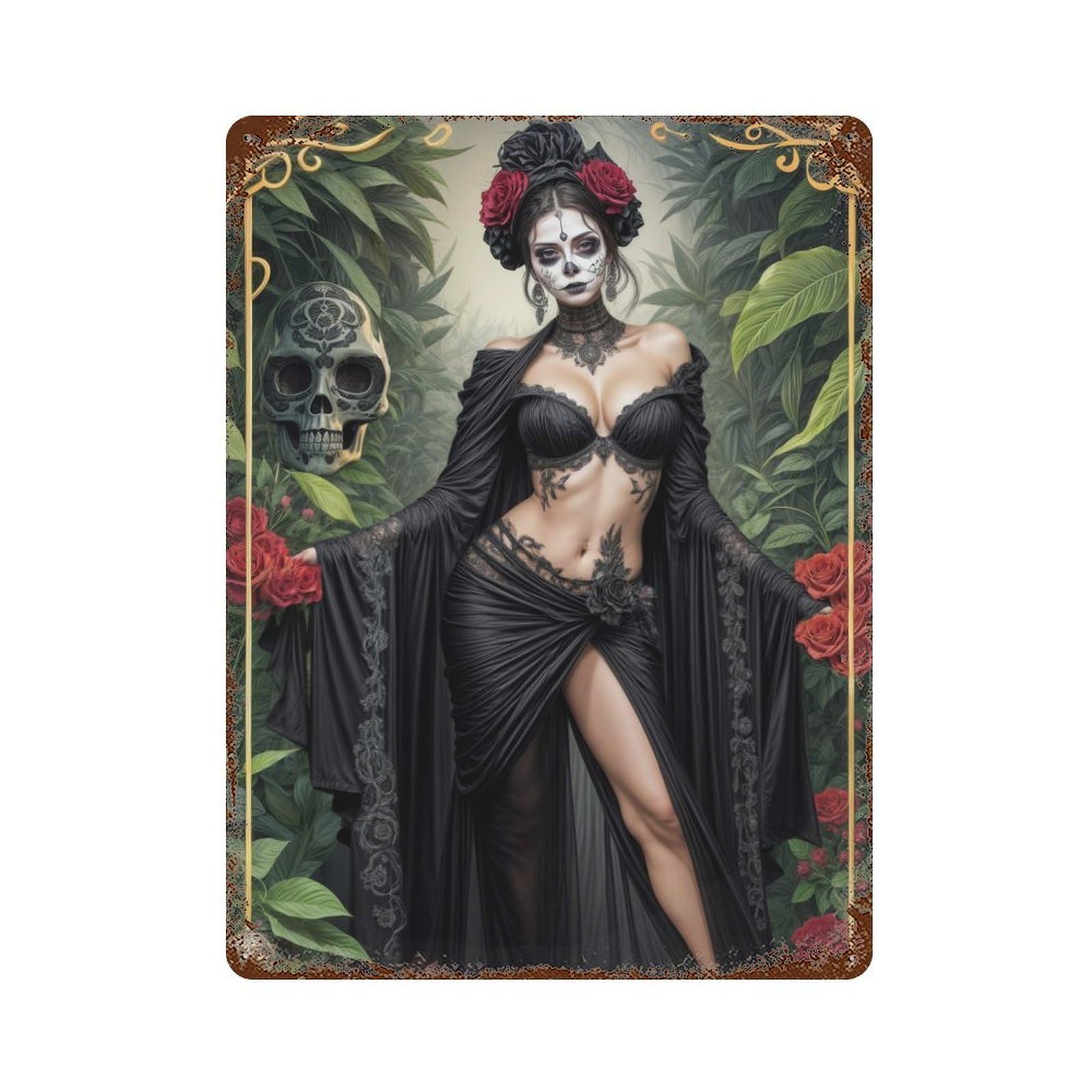 Day of The Dead Woman 15.7"x11.8" Rustic Tin Plaque, Industrial Home Decor for Farmhouse, Kitchen And Entryway Decor