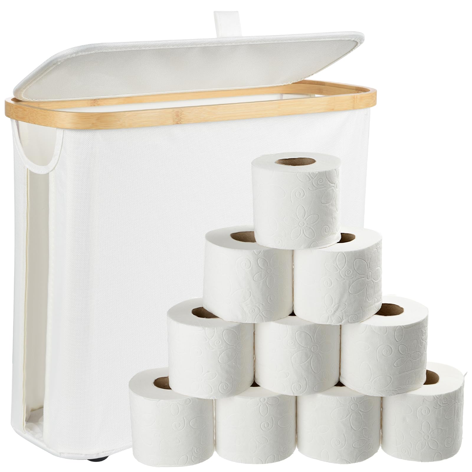 Cozary Toilet Paper Storage Basket with Lid - 25L Bathroom Organiser, Foldable Toilet Roll Storage, Space Saving Storage Box for Bathroom, Waterproof, 43 x 35 x 17 cm
