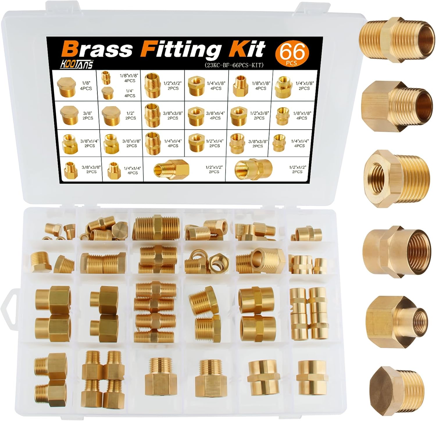 KOOTANS 66pcs Brass Pipe Fittings Assortment NPT Adapter Fitting