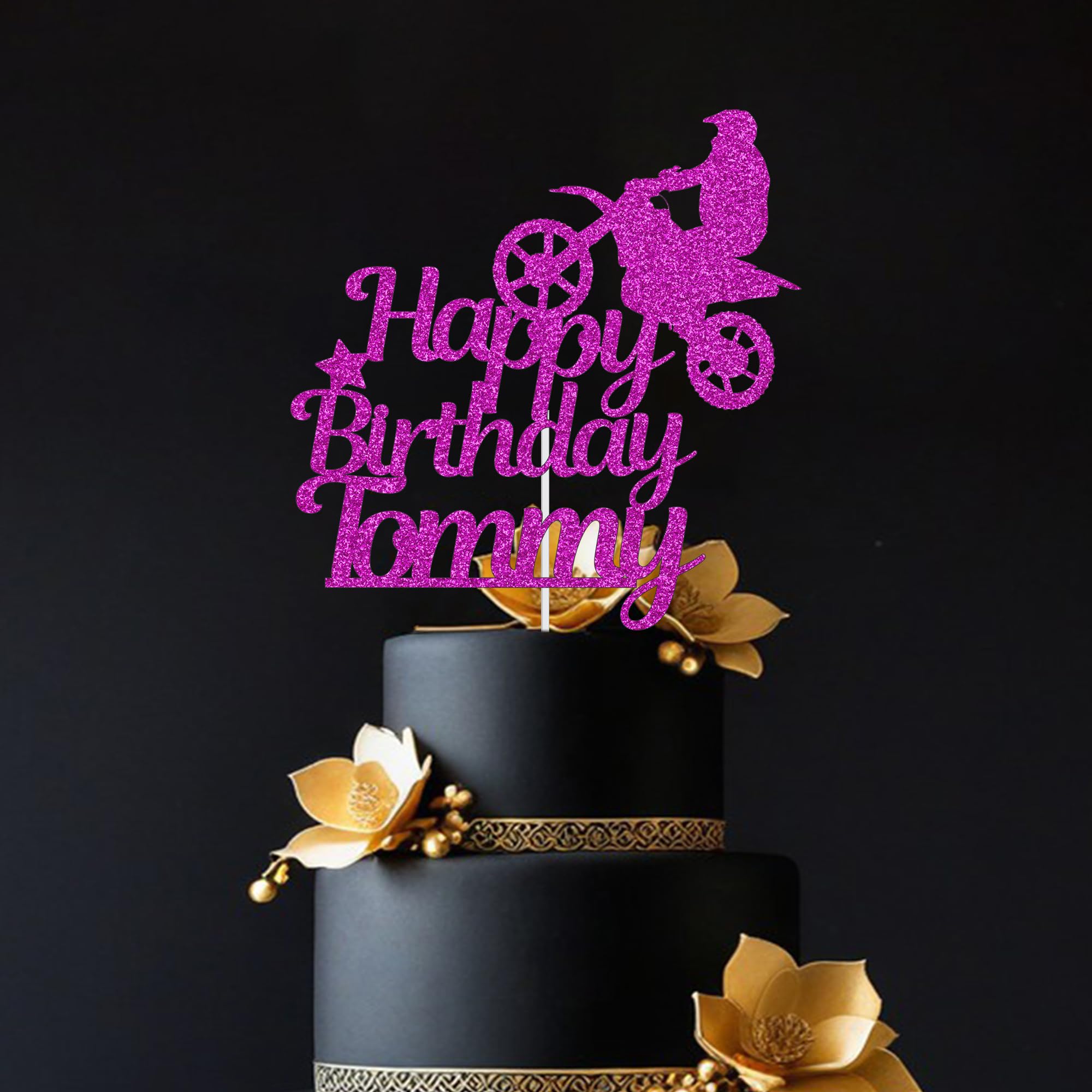 Personalised Motocross Happy Birthday Glitter Cake Topper by Trimming Shop | Customised with Any Name | Motor Sport Theme Happy Birthday Party Supplies for Men Boys - Hot Pink