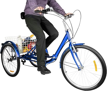 24 Inch Tricycle, 7 Speed Foldable 3 Wheel Bike with Backrest ad Basket of 25kg Load Weight, Tricycle for Adult Max Load Capacity 120kg Seat Ajustable 96.5-115cm, Applicable Height 1.6-1.8m, Blue