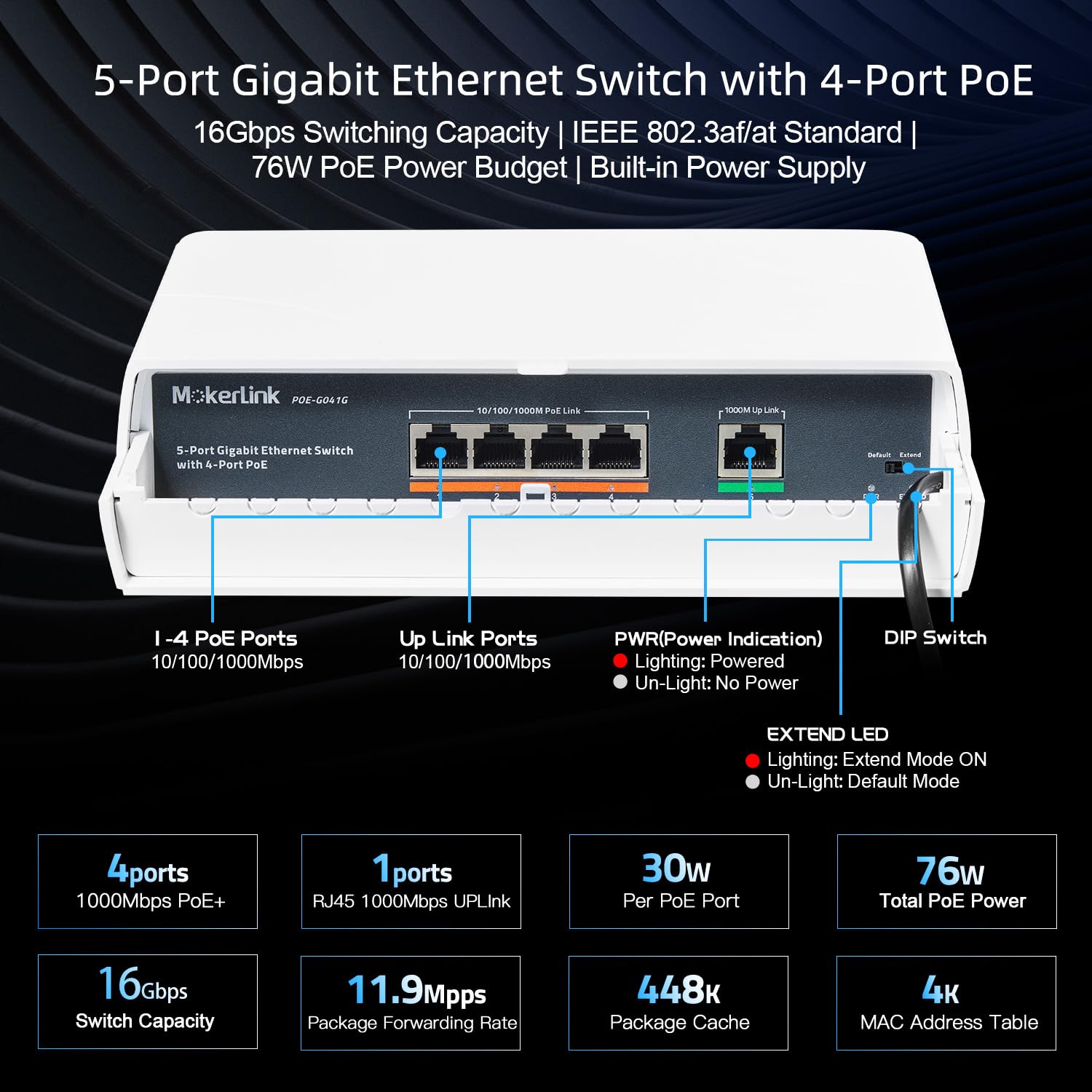 MokerLink Conmutador Gigabit PoE de 5 Puertos para Exteriores, con 4 Puertos PoE+ 1000Mbps, 78W IEEE802.3af/at, Resistente a la Intemperie, Plug and Play sin Ventilador y no gestionado