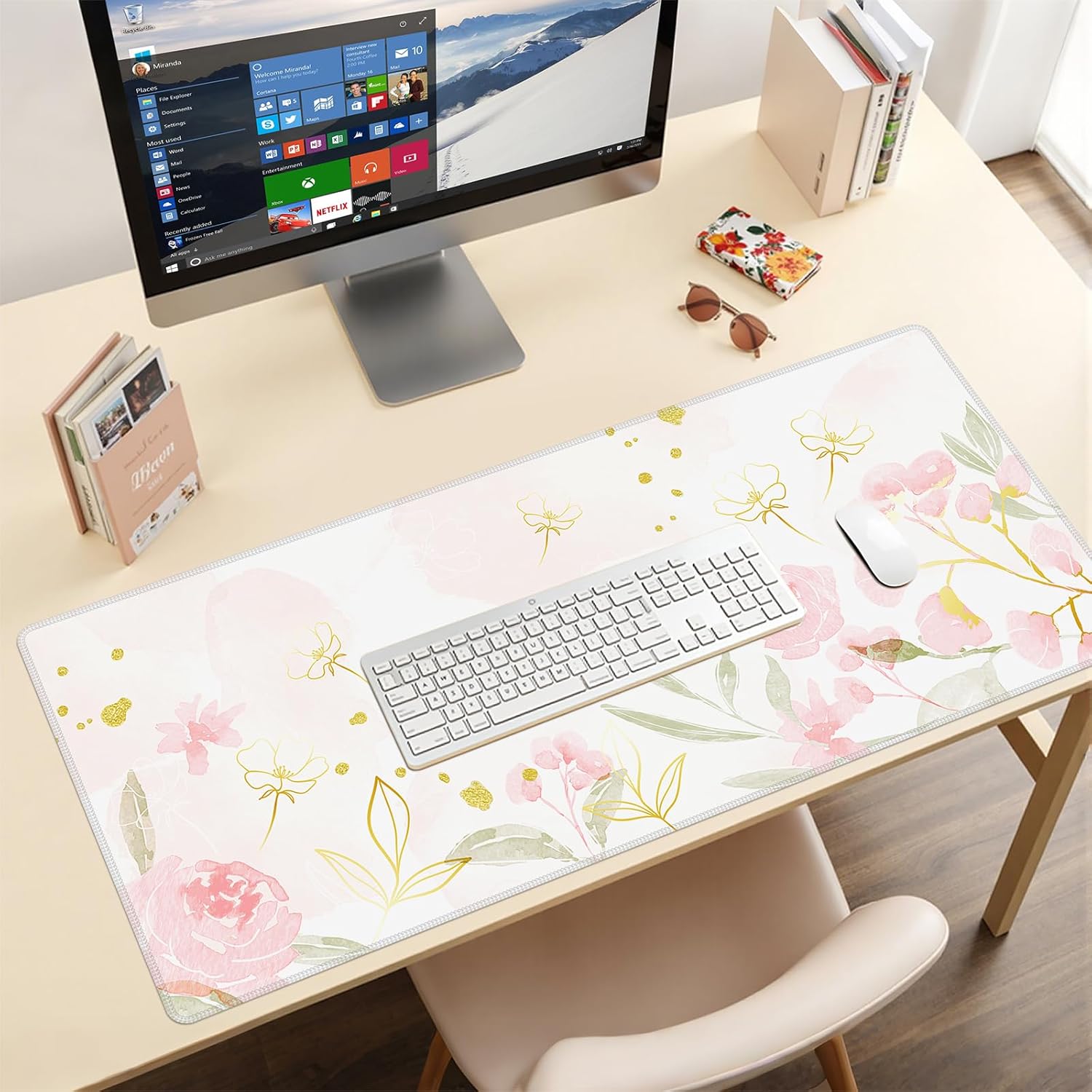 Baziabbo Pink Floral Desk Mat,XXL Extended Large Mouse Pad,Gaming Mousepad with Stitched Edge,Non-Slip Rubber Base Keyboard Desk Pad for Home Office Study Game - Image 7
