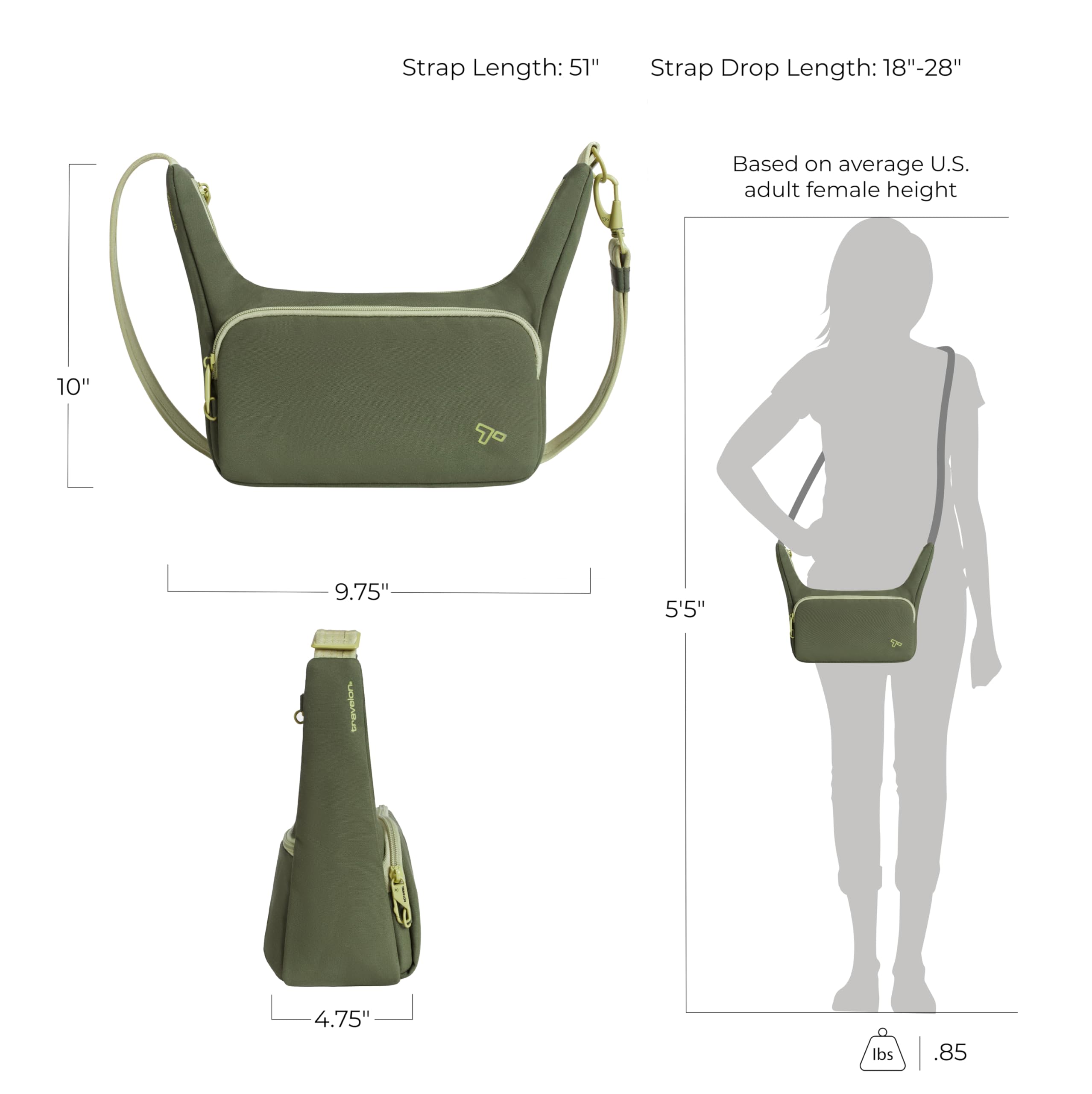 Travelon Anti-Theft The Voyages East/West Crossbody, Borsa a Tracolla Unisex-Adulto, 9.75" W x 6" H (Center) x 10" H (Wing) x 4.75" D