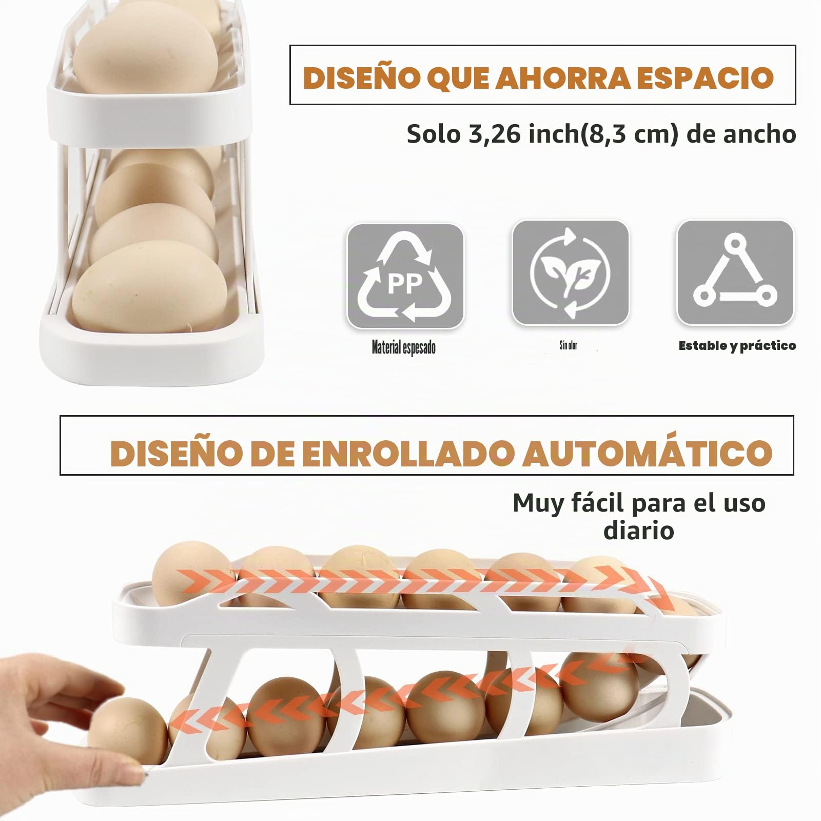 Almacenamiento de huevos para el frigorífico, soporte para huevos de doble fila con función de rodillo automático, para 12-24 huevos, (Blanco, Anchura1)