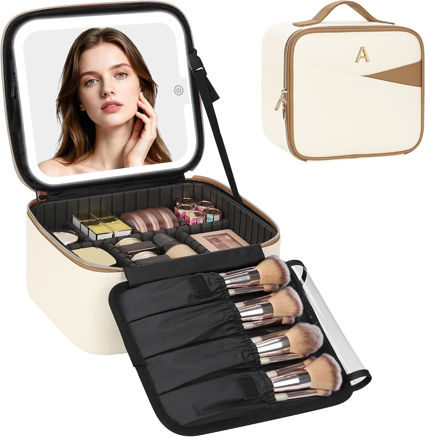 Relavel Birthday Gifts for Women Teen Girls, Initial Makeup Bag with LED Mirror, Personalized Cosmetic Organizer with 3 Light Modes, Rechargeable Travel Bag with Compartment & Adjustable Dividers - A