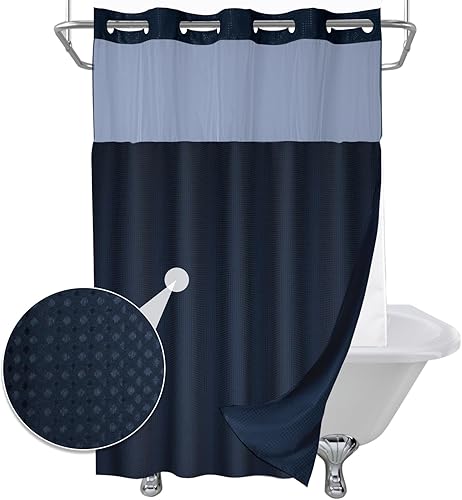 Vista 179 de Cortina de ducha de tortugas marinas, temática náutica de playa, verde y verde azulado, sin ganchos, punto gofre y forro desmontable, decoración