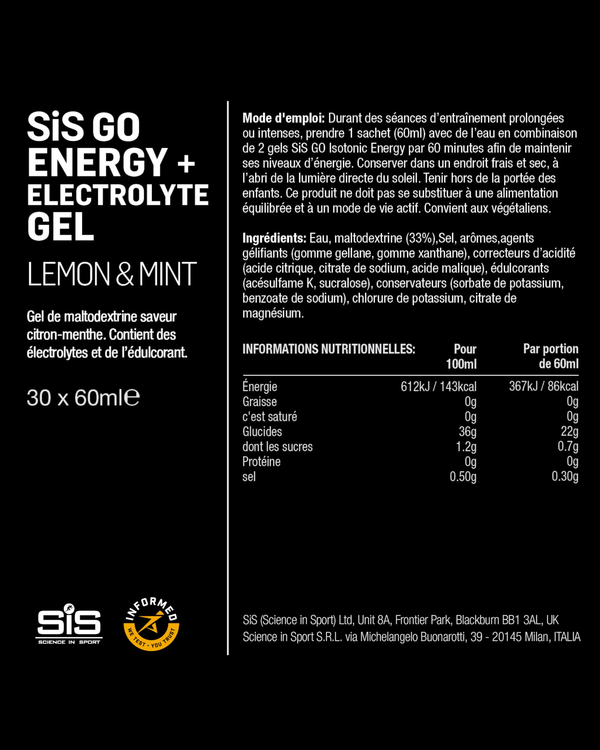 Science in Sport GO Gel Energético + Gel de Electrolitos 30 x 60ml Limón Menta Vegano - Ideal para la entrega de energía y el equilibrio de electrolitos.