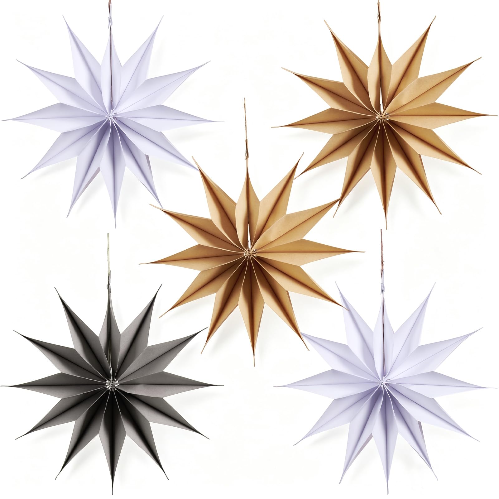 SUNBEAUTY 5Pcs Paper Star Lanterns 12 Inch Brown Grey White Christmas Paper Stars Hanging Lamp Shade Christmas Decorations Ceiling Tree Decorations Holiday Home Xmas Party Decor