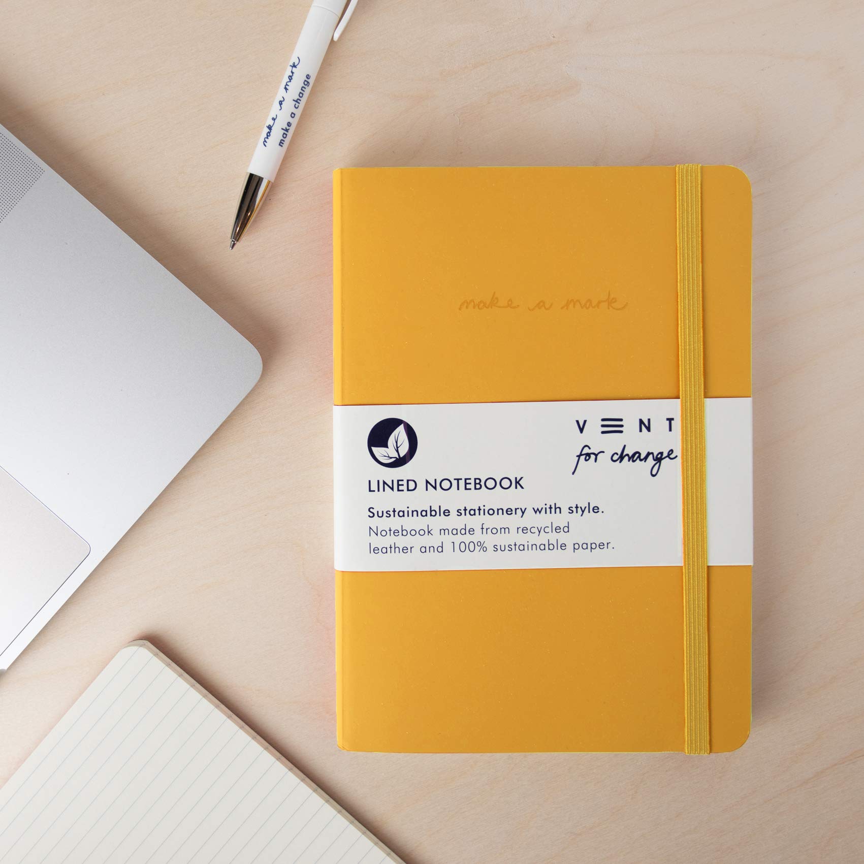 VENT for Change - Make a Mark Range Classic Design Eco Friendly Recycled Leather A5 Notebook with Lined Paper | Lined Notebook/Notepad | Lined Journal, Great As A Gift – Mustard Yellow