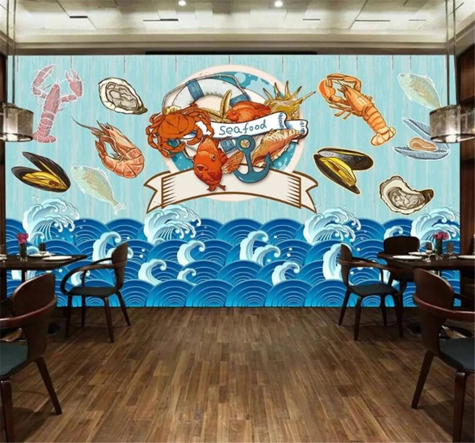 Tzxztt Abstract Blue Ocean Seafood Restaurant Modern 3D Wallpaper Premium Textured Silk Neutral Tones Material Ideal for Living Room Bedroom-300cm×210cm
