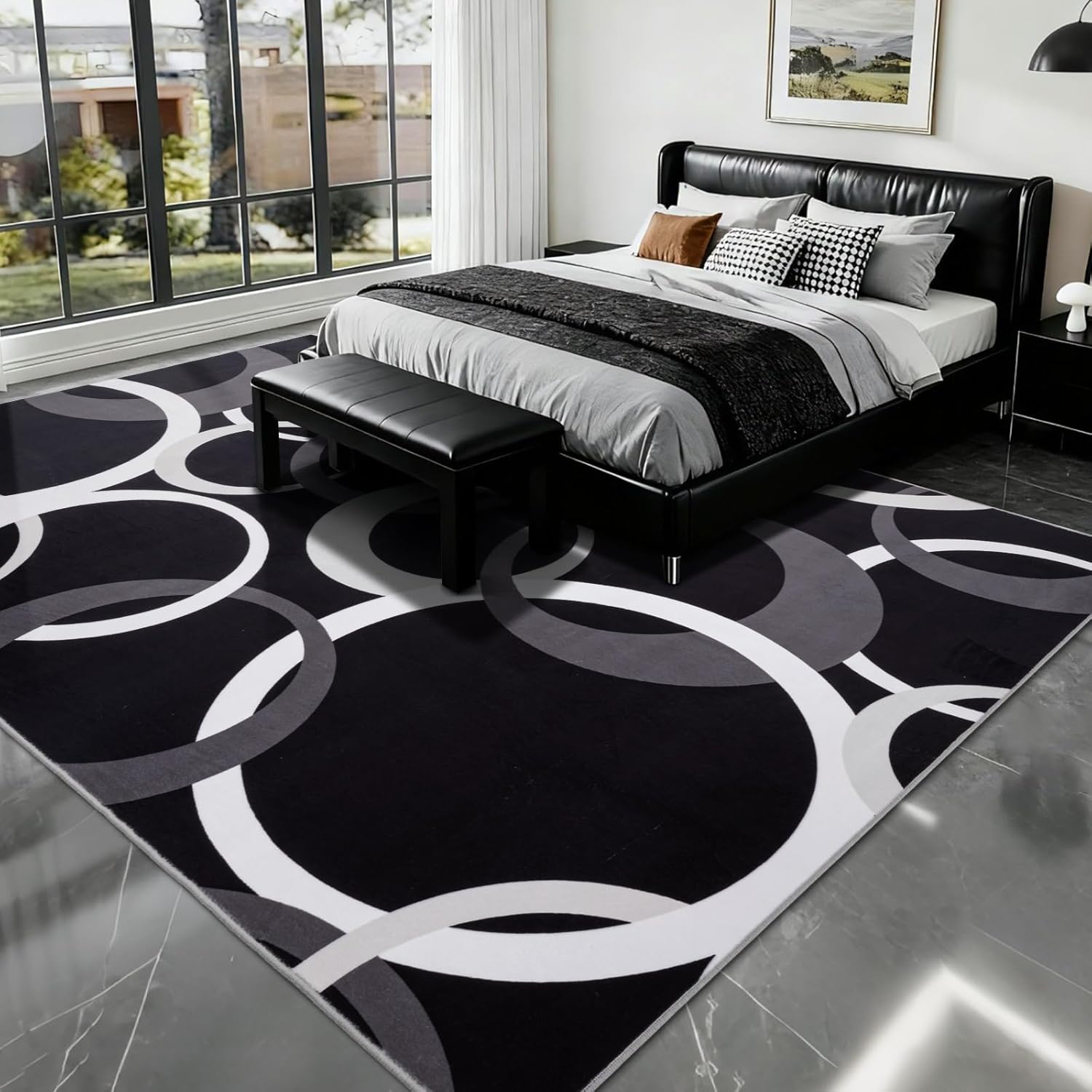 YIHOUSE 8x10 Ft Area Rugs, Concentric Circle Carpet Washable Rug, Black and White Geometric Design Rug for Grand Rooms, Master Bedrooms, Dining Room, Nursery, Home Office Decor, Nonslip Non-Shedding