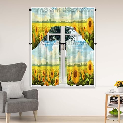 Miniatura 8 de Juego de 3 cortinas de ventana de color marrón oscuro, juego de cenefas de arte abstracto con bolsillo para barra marrón para ventanas de cocina