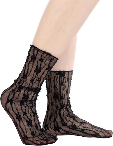Miniatura 2 de Geyoga 6 pares de calcetines de encaje holgado para mujer, calcetines de malla con volantes hasta el tobillo, calcetines sueltos de encaje