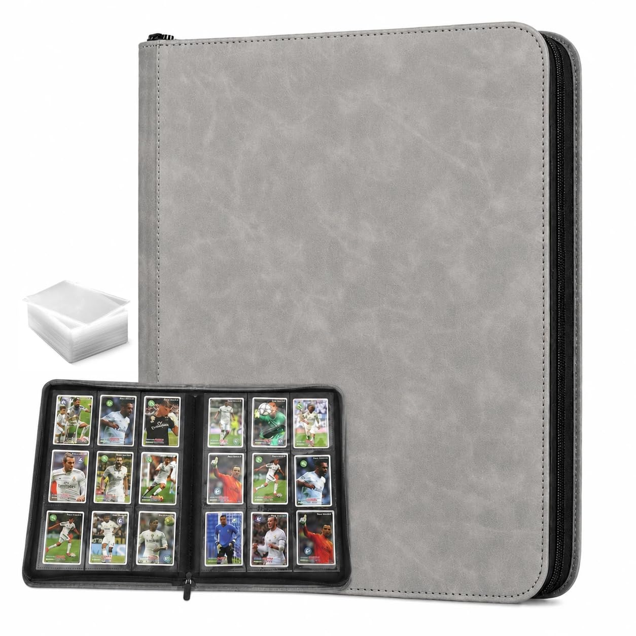 VibeHaven 9 Pocket Trading Zipper Card Binder, Holds 540 Cards, 100 Bonus Sleeves, Premium Side-Loading Album Folder for TCG MTG Yugioh Sports Football Basketball Baseball Cards, Grey