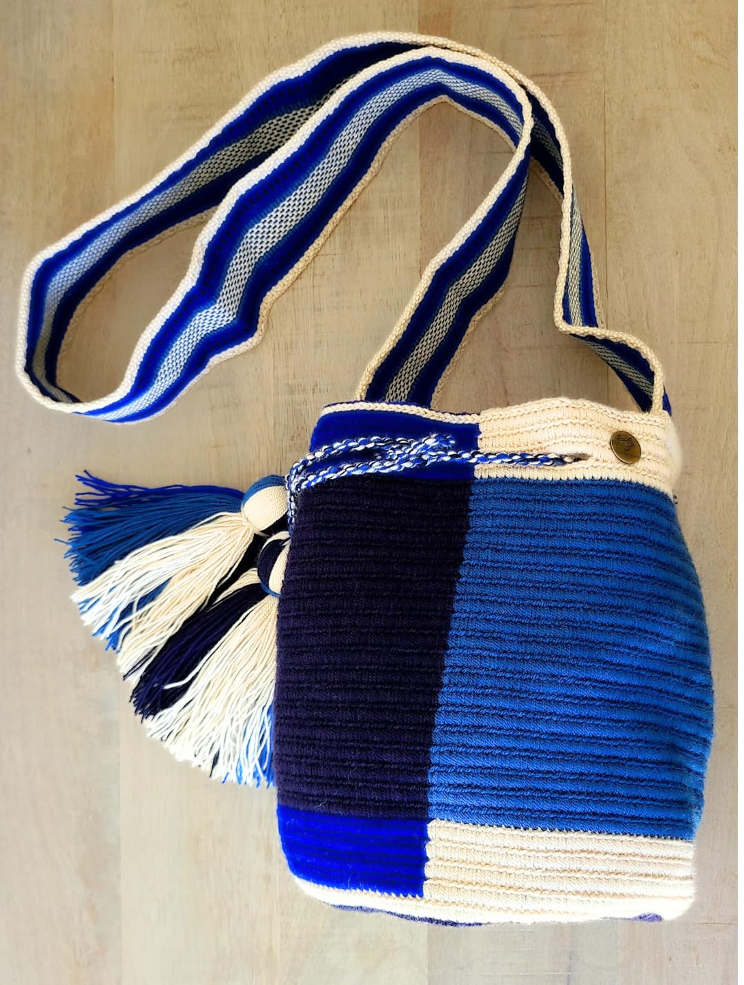 TERRA FUSION Bolso Wayuu hecho a mano | Bolsa Geo Medio | Bolsa Ética | Azul Rey, azul