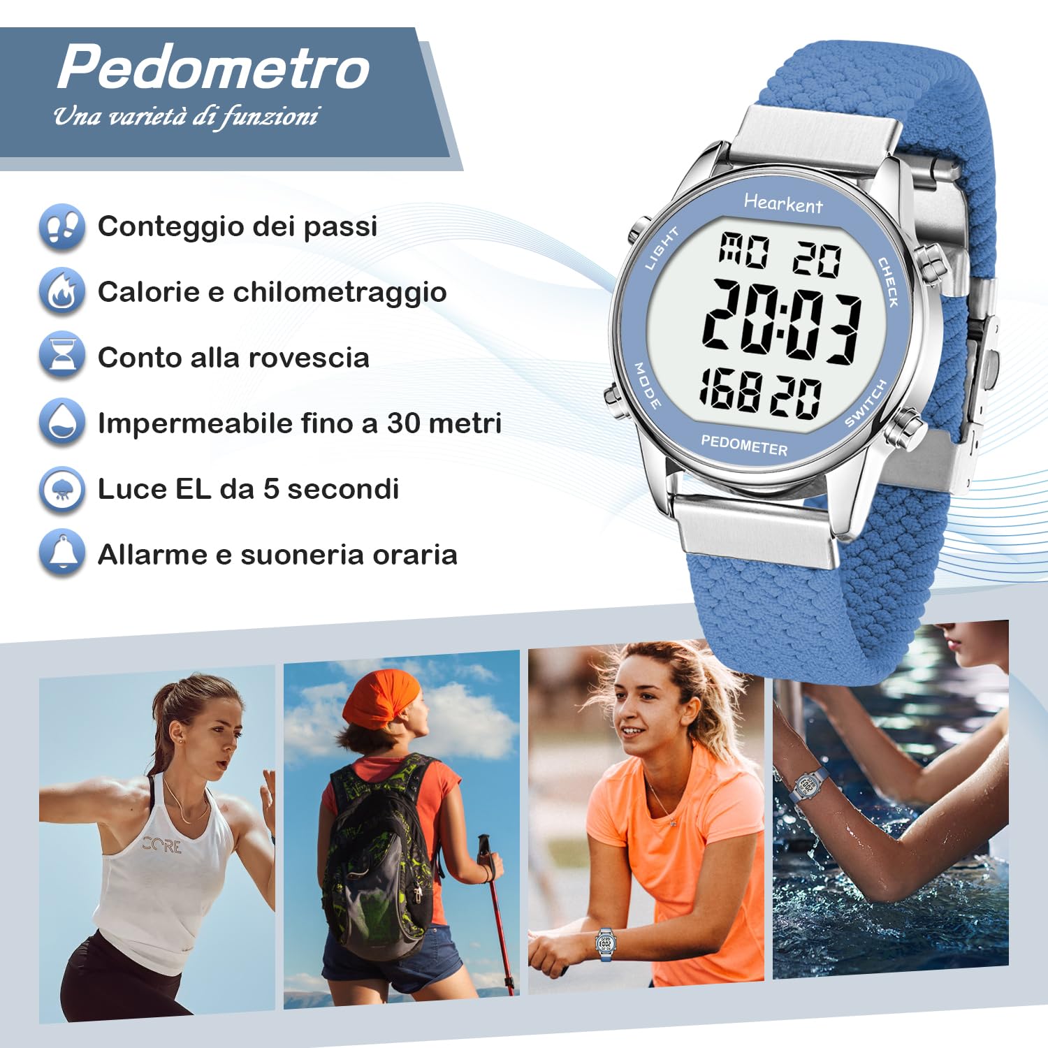 Hearkent Orologio contapassi pedometro da donna, goderti passi, chilometraggio, calorie, conto alla rovescia, sveglia e altre funzioni. Nessuna app, ricarica richiesta o bluetooth, 2401
