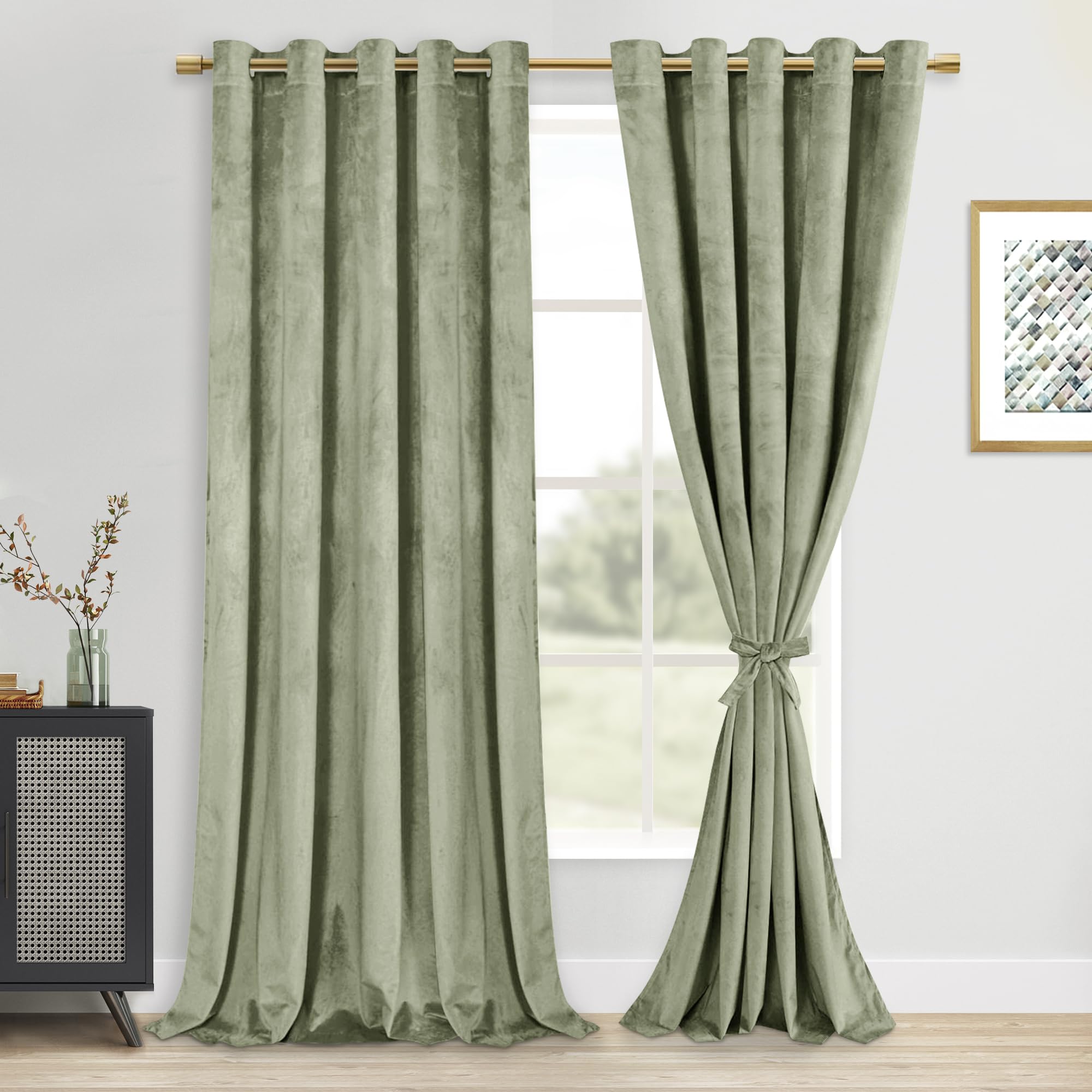 DWCN Velvet Curtains Extra Wide - Light Sage Room Darkening Thermal Insulated Noise Absorb Grommet Tieable Window Treatments Drapes for Bedroom Living Room Home Decor, W60 x L84, 2 Panels