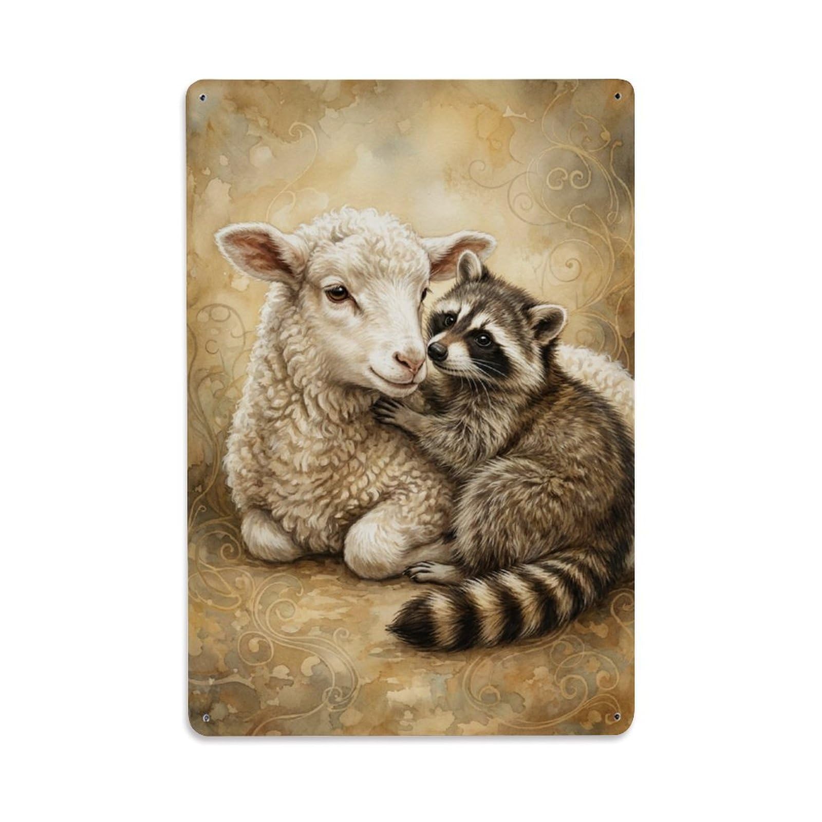 Vintage Animal Cute Lamb & Raccoon Animal Friendship Metal Tin Sign