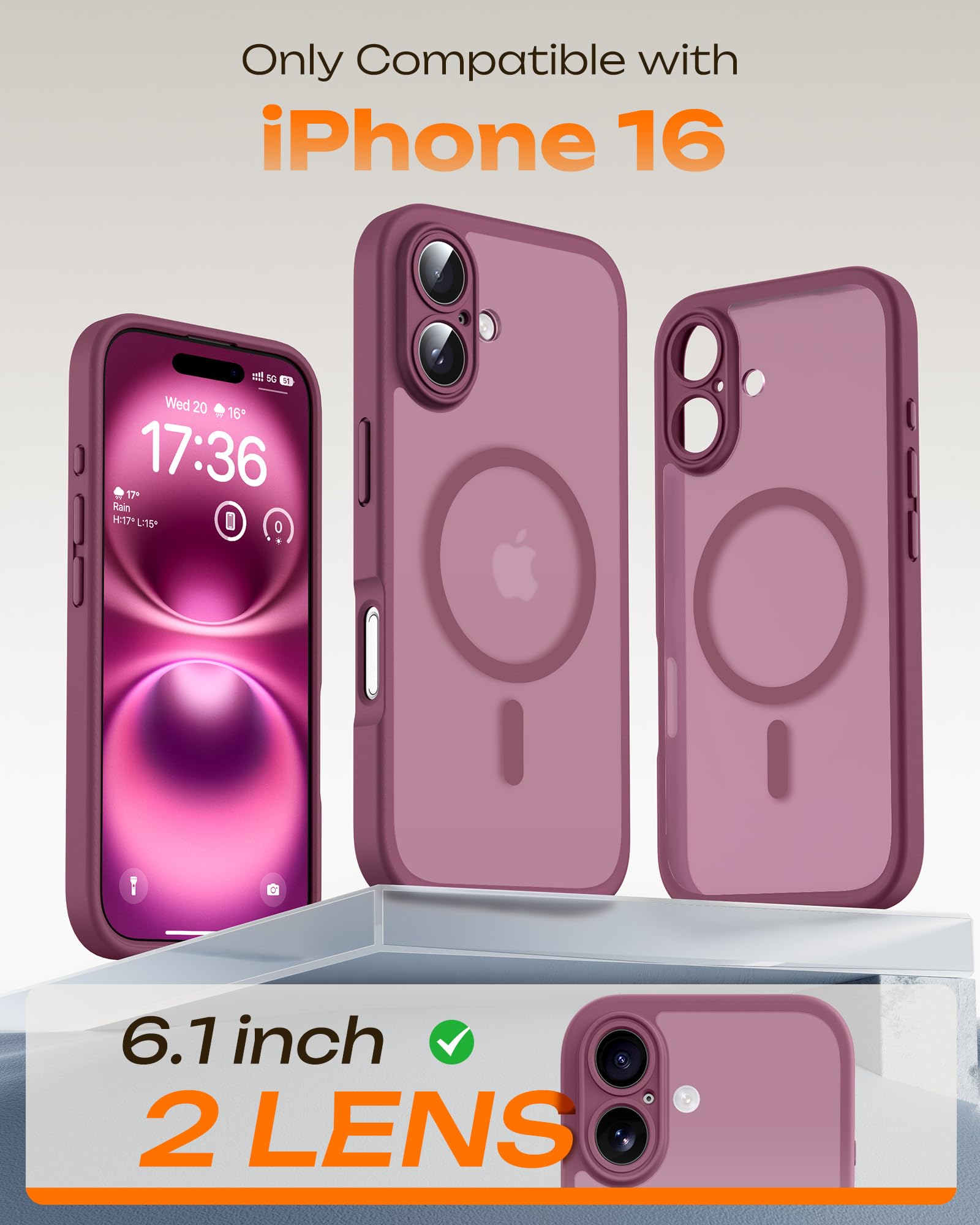 TOCOL Cover Magnetica per iPhone 16 6,1 Pollic, Compatibile con MagSafe, Protezione Fotocamera Integrata, Custodia Antiurto Traslucida Opaca, Prugna