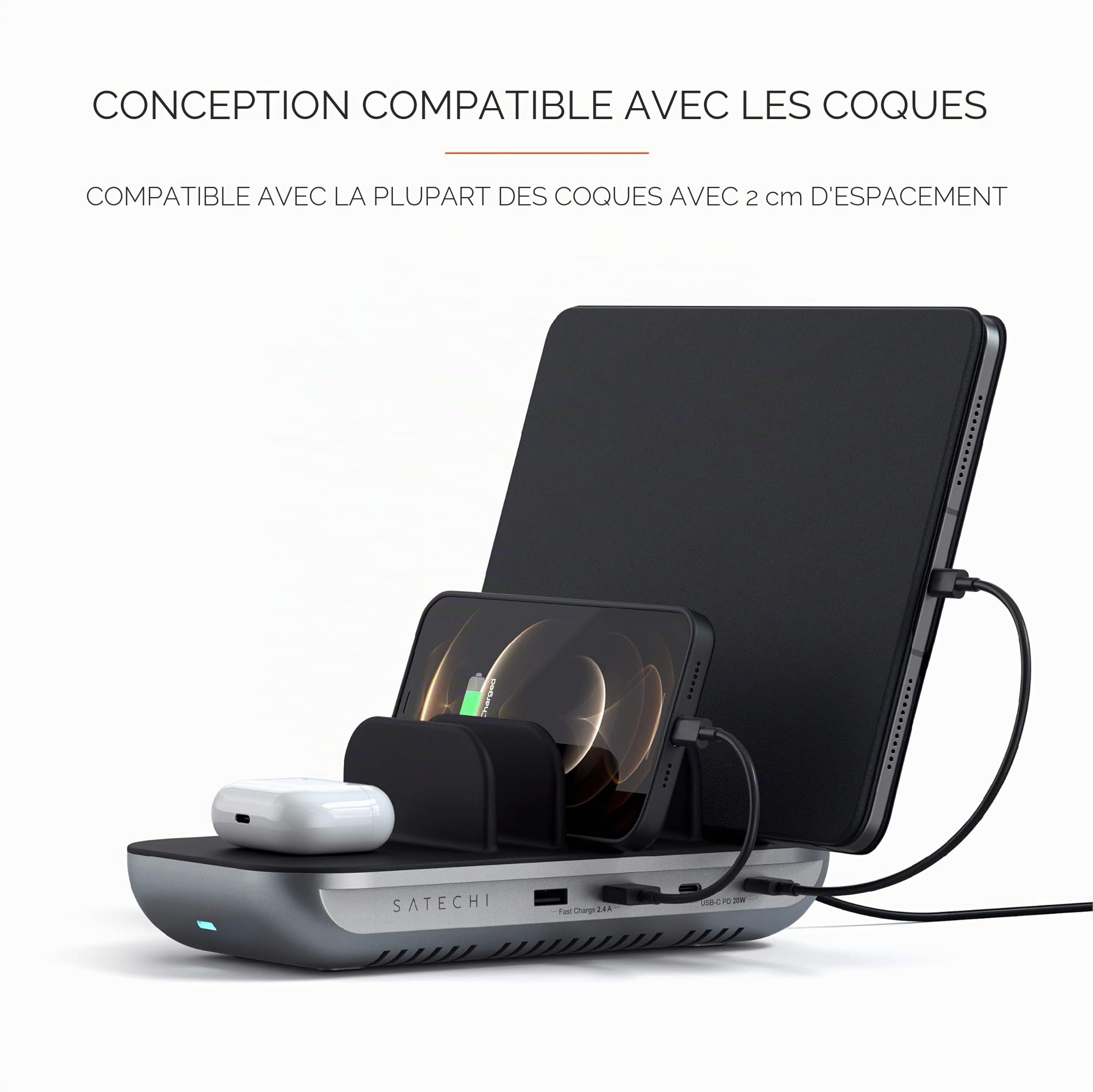 SATECHI Dock5 Station de Charge Multi 5 en 1 avec Charge sans Fil Qi 10 W, 2× USB-C PD 20 W, 2× USB-A 12 W – iPad Air/Pro/Neo, iPhone 17 à 12 Séries, Tablette, AirPods, Apple Watch et Plus | Qi 10W, USB-C PD 20W, USB-A 12W, pour iPad Air/Pro, MacBook Air/