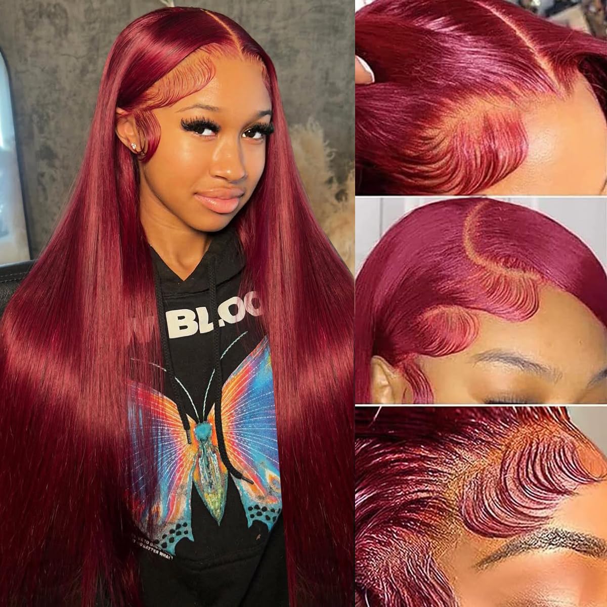 28 Inch 99j Burgundy Lace Front Wigs Human Hair 13x4 HD Lace Front Wigs Wine Red Colored Straight Human Hair Wig for Women 200% Density Glueless Wigs Human Hair Pre Plucked