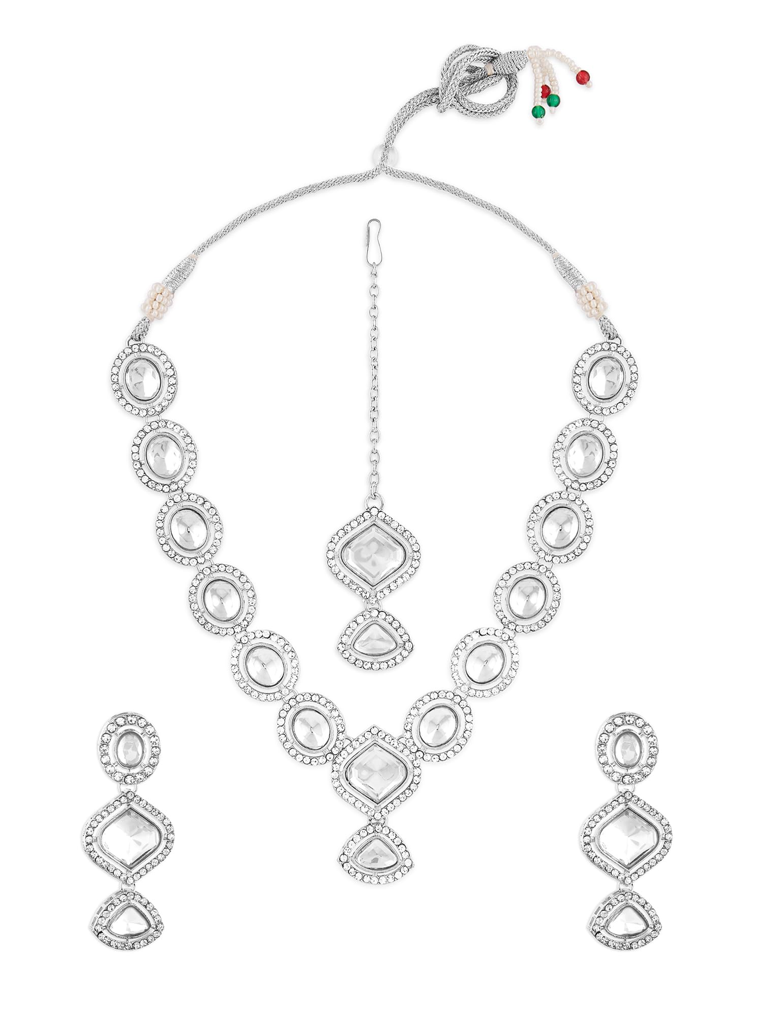 ZAVERI PEARLS Silver Tone Dazzling Stones Embellished Necklace Earring & Maangtikka Set For Women-ZPFK17572 (B0CX172DL6) Amazon Price History, Amazon Price Tracker
