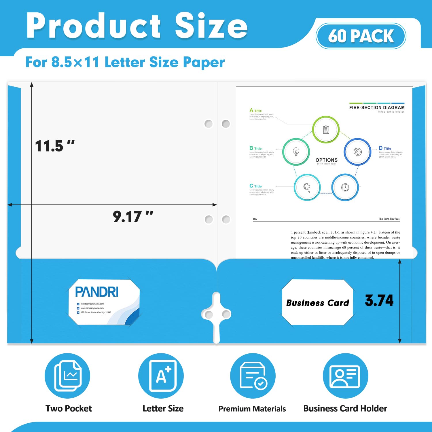 Two Pocket Portfolio Folders, PANDRI 60 Pack 3 Hole Punched 2 Pocket Folders for 3 Ring Binder, Letter Size Paper File Folder for School Office Home Business, Lightblue