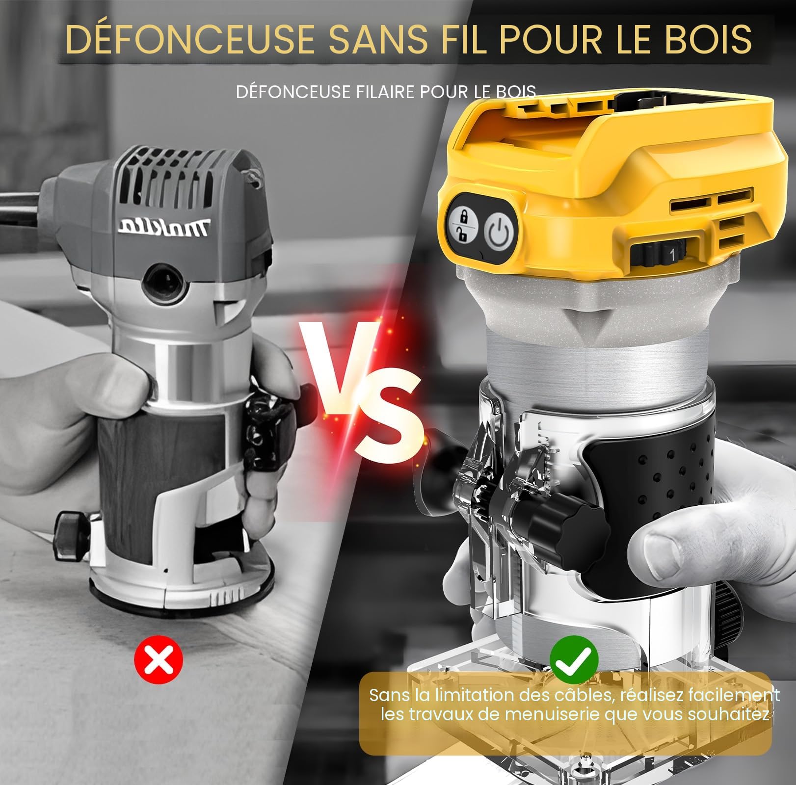 Défonceuse sans fil 1300W pour Dewalt 20V (sans batterie) (A)