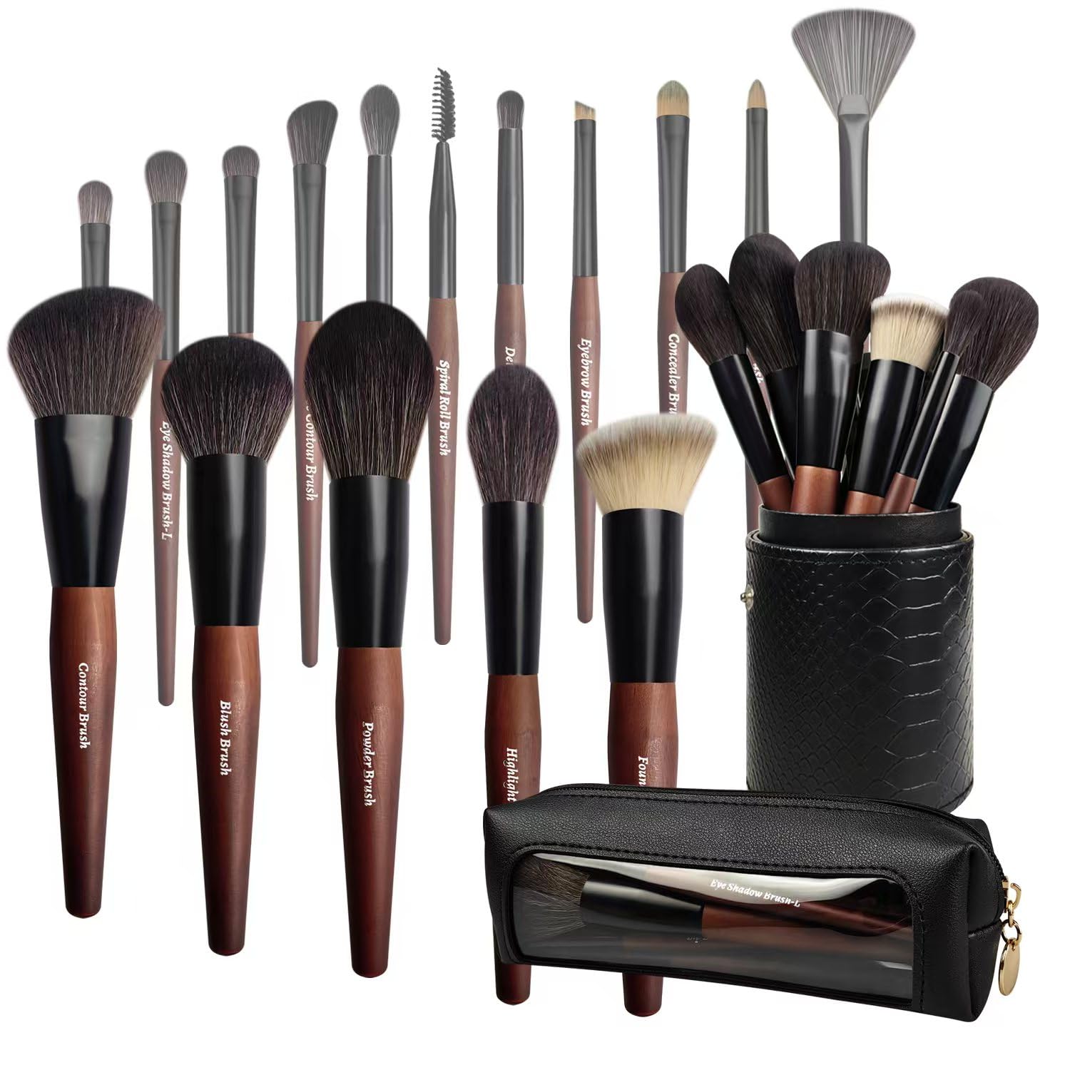 Juego de brochas de maquillaje, 16 piezas, cerdas sintéticas, asas de madera (negro)