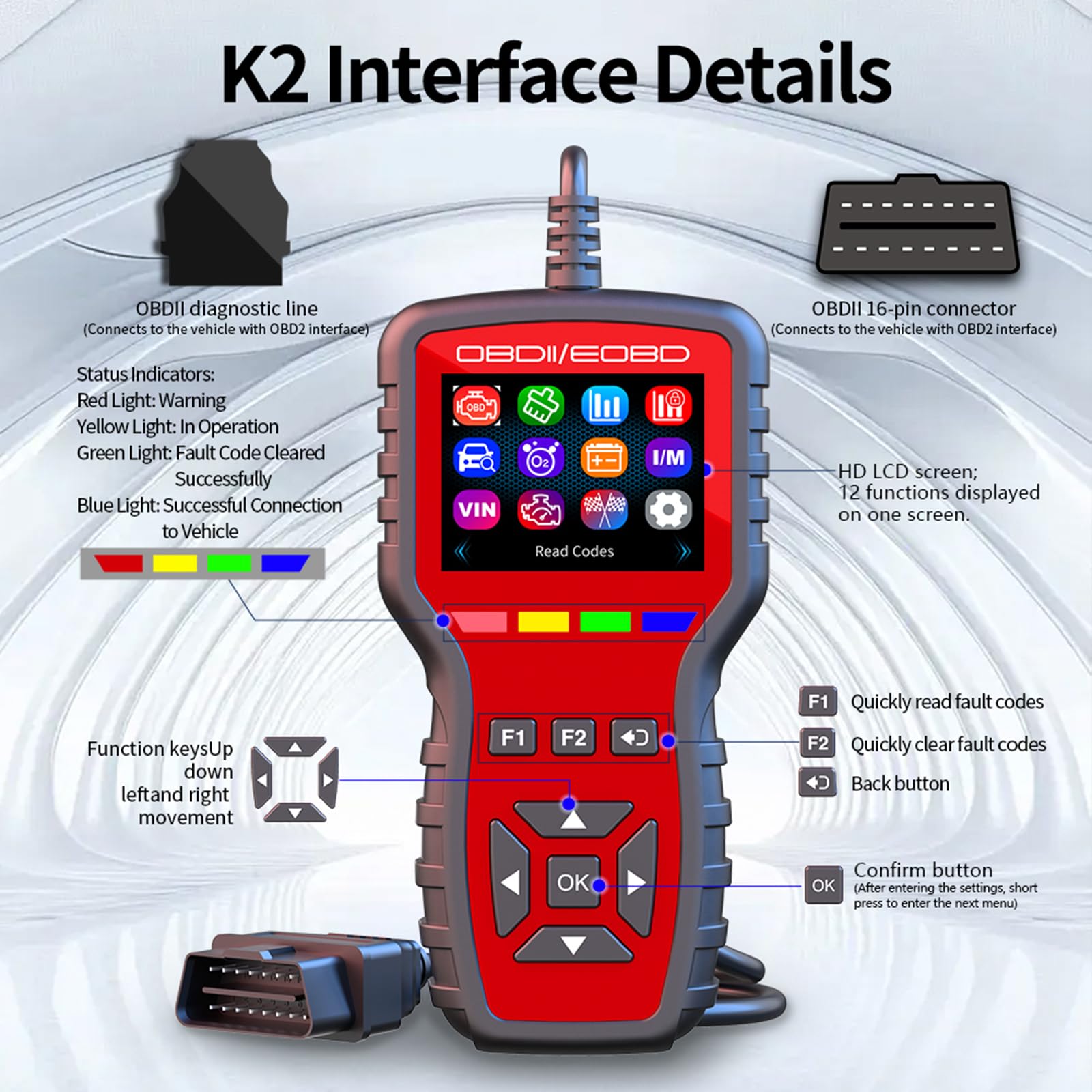 Escáner K2 OBD2 OBD2 Herramienta de diagnóstico con probador de batería, lector de código de fallo del motor con marco congelado, prueba de sensor de oxígeno, estado de preparación I/M, adecuado para