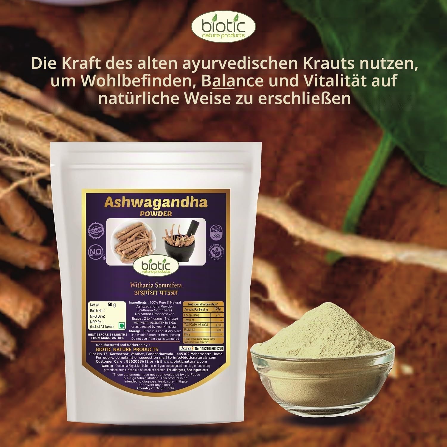 Biotic Safed Musli, Ashwagandha, Shatavari & Kaunch Samenpulver – 200 g (je 50 g)