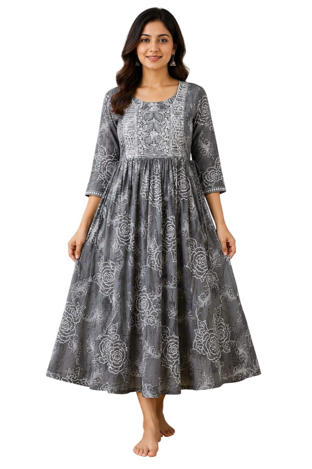 Women's Floral Printed Anarkali Midi Dress | Round Neck | 3/4 Sleeves | Flared Ethnic Dress for Casual, Festive-picture-48