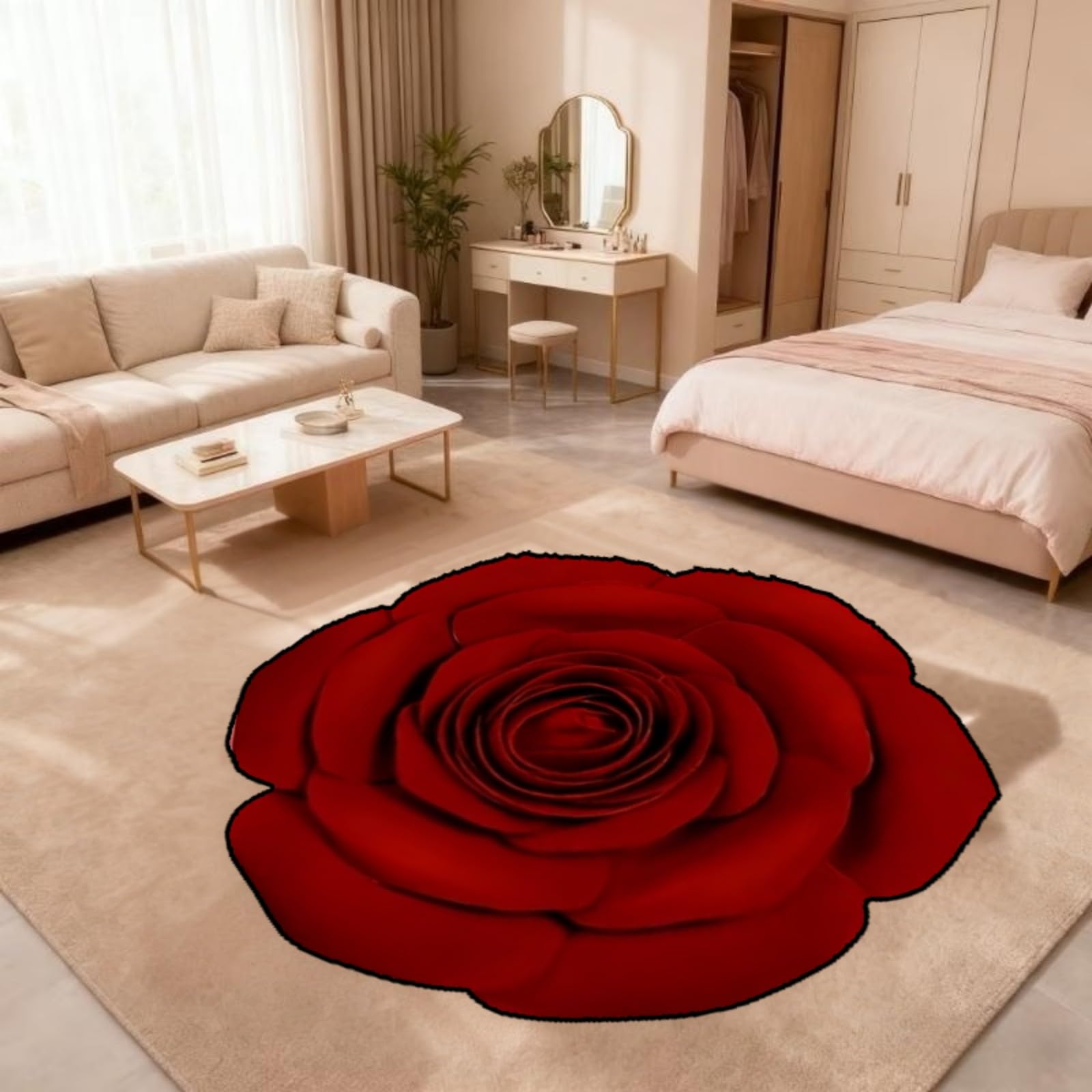 WAOTMN Washable Circle Rug,150cm,Rose Shape Large Circular Rug,Easy to Clean No Shedding Red Rugs for Living Room Sofa Mat Bedroom Bedside Round Bath Mat with Rubber Backed