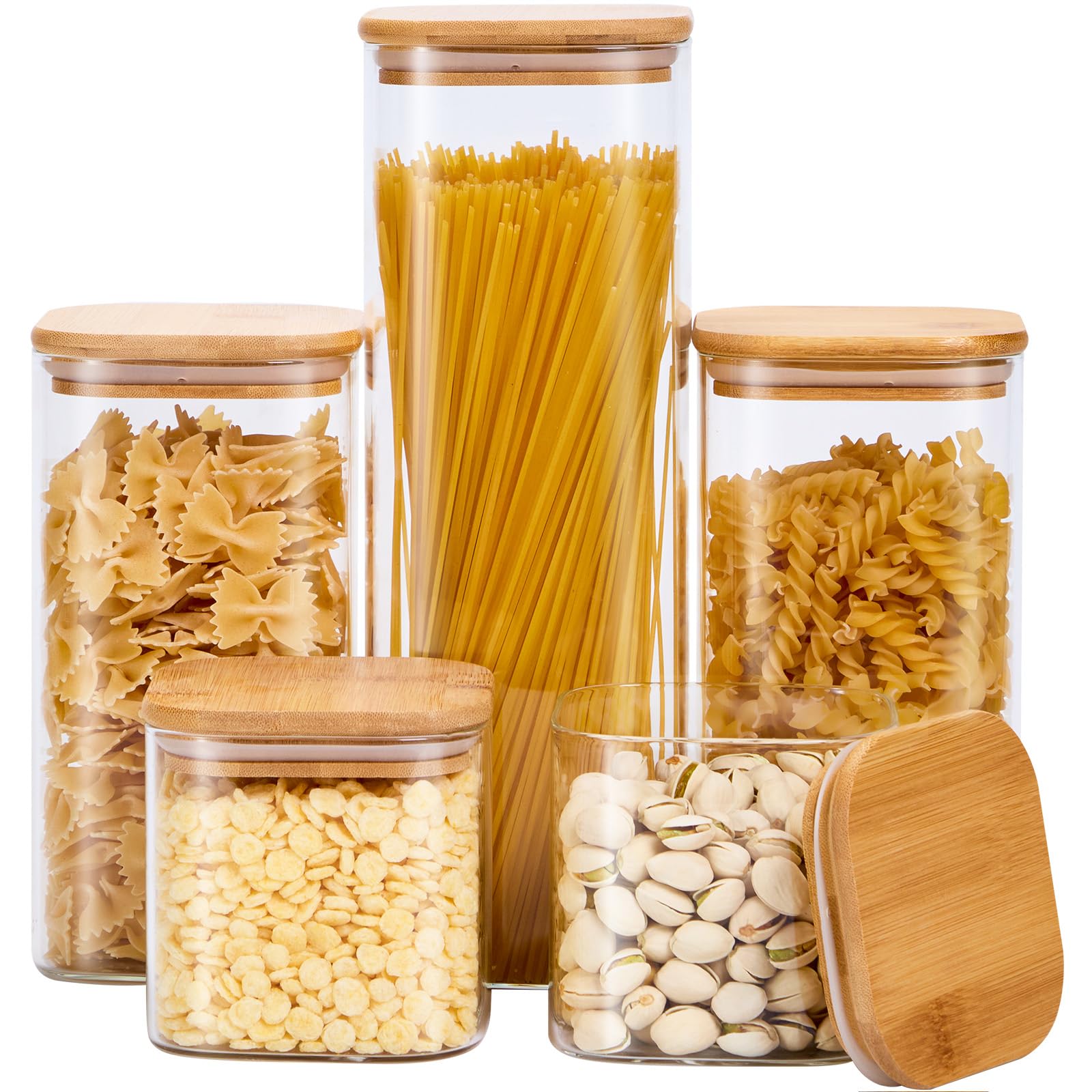 Square Glass Food Storage Jars with Lids[Set of 5], Perfect for Pasta, Cookies, Nuts, Coffee, Cereal, Flour,Organize Your Kitchen and Pantry with these BPA-Free Glass Jars with Canisters